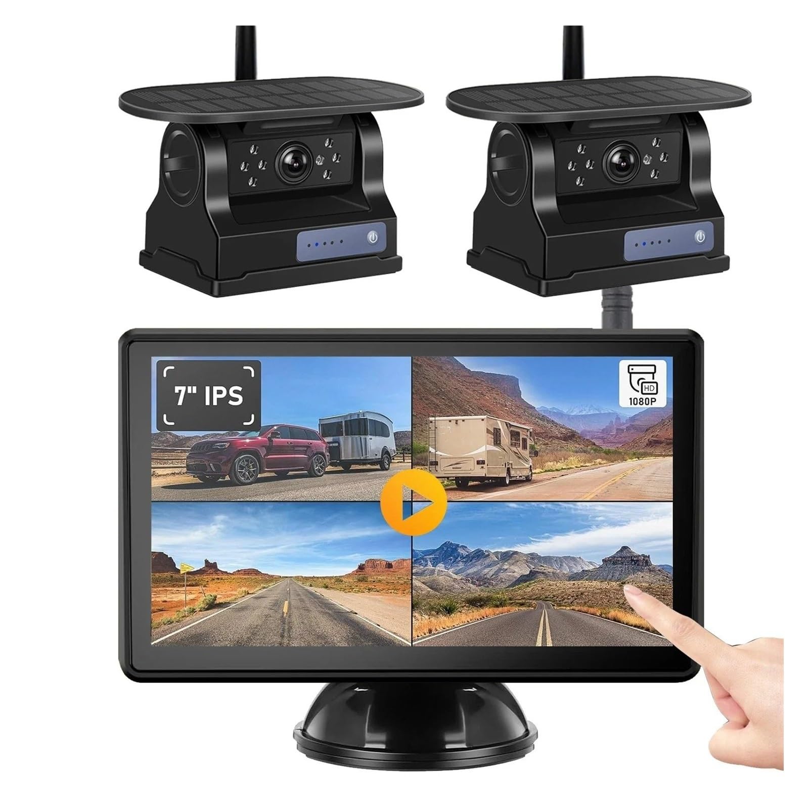 Monitor DVR Inalámbrico con Pantalla Táctil 7 Pulgadas Pantalla Dividida 1/2x BSD Detección IA Cámara Respaldo Solar No Daña Instalación RV Cámara Visión Trasera(64G,2 Kit)
