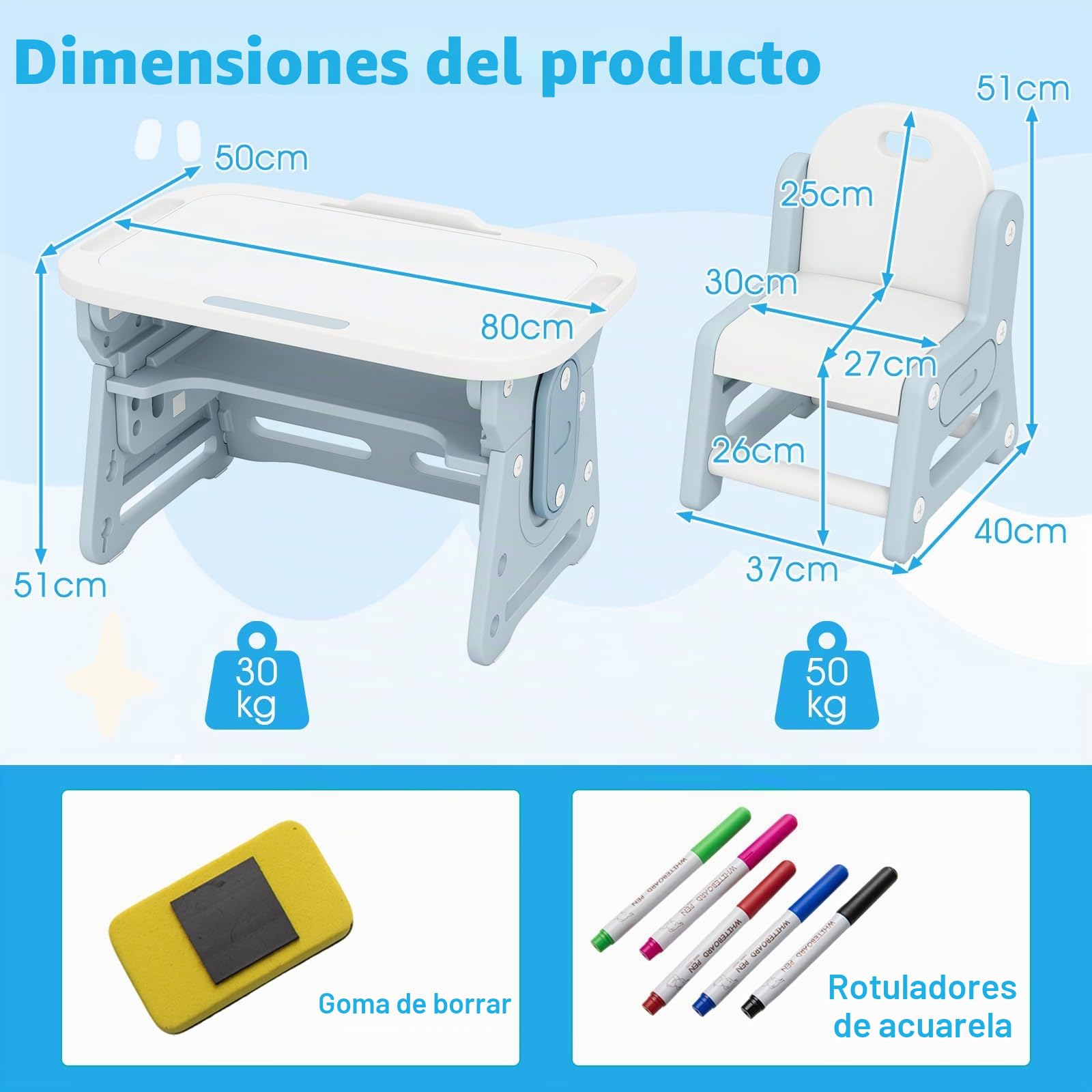LIFEZEAL 4 en 1 Conjunto de Mesa y Silla Infantil, Mesa de Dibujo con Pizarra Blanca Magnética y Silla Ergonómica, Escritorio Infantil Ajustable e Inclinable con Patas Antideslizantes (Azul)