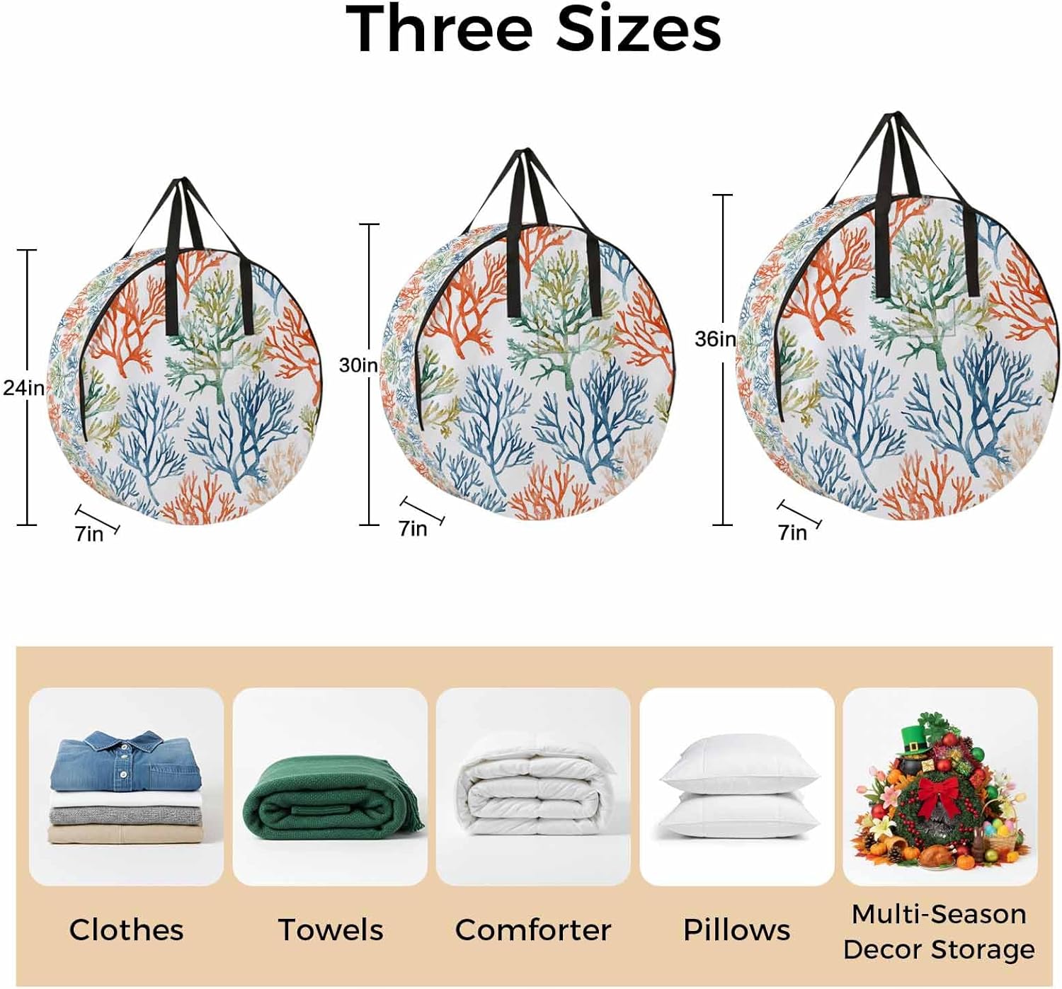 Red Water Blue Coral Round Storage Bag 36 Inch, Summer Marine Life Clothes Storage Container with Handles Heavy Duty Organizer for Comforter, Bedding & Holiday Wreaths