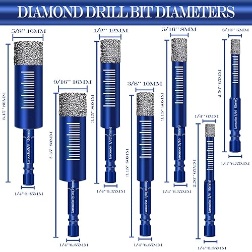 Miniatura 2 de Larouoba Juego de brocas para mampostería, 8 piezas, para azulejos de porcelana, piedra de cerámica, granito, mármol, vástago hexagonal, taladro de