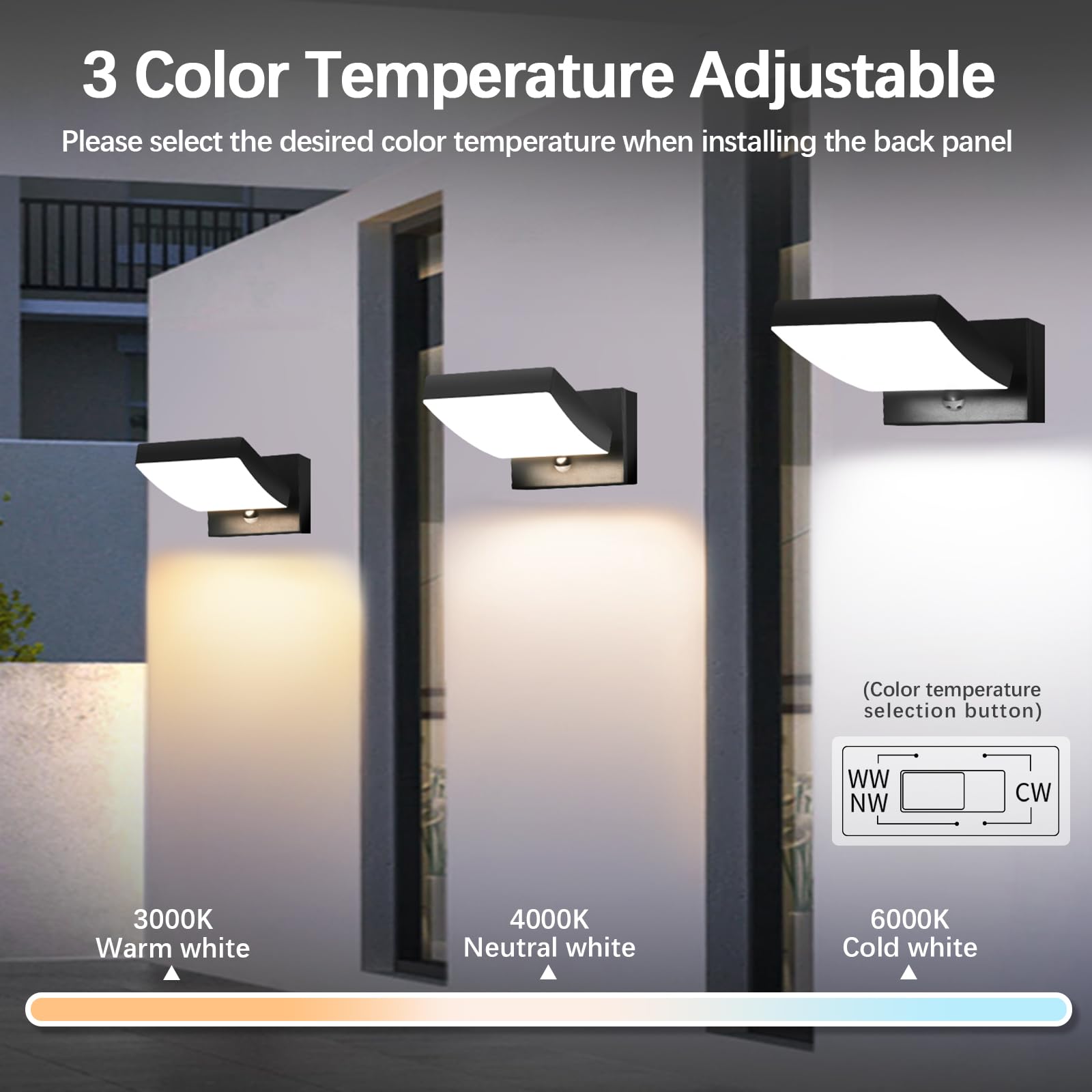 GeyouLux 24W LED Außenlampe mit Bewegungsmelder, IP65 Aussenleuchte mit Schwenkbar LED Panel, 3CCT Wandleuchte Innen/Außen, 3000LM Aluminium Aussenlampe für Garage Terrasse, Schwarz