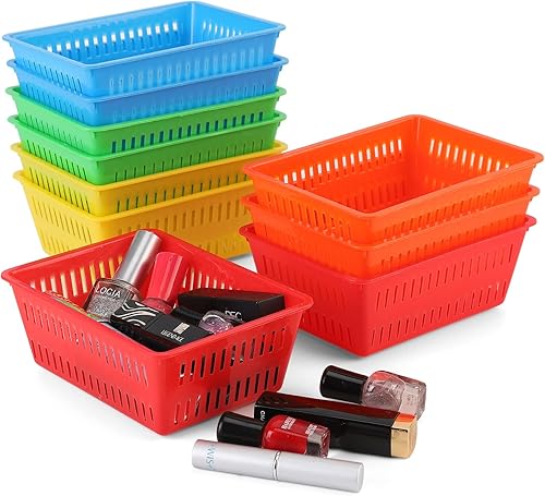Paquete de 10 mini cestas de almacenamiento, cesta organizadora de plástico, estantes coloridos y contenedores organizadores de almacenamiento de