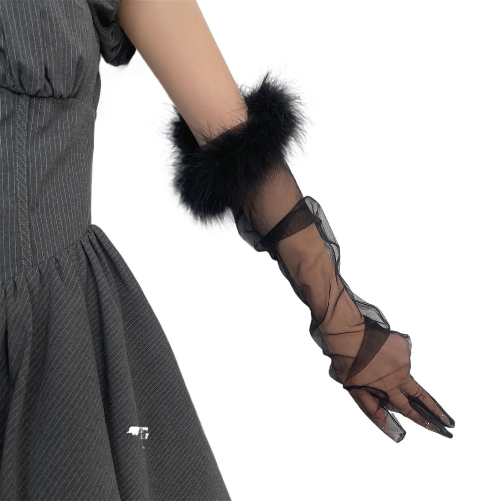 Guanto con piume, polsino soffice, tulle lungo velato trasparente
