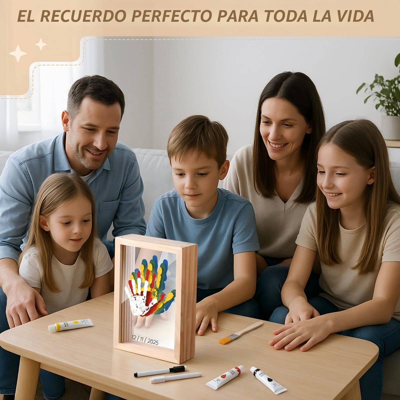 Marco LED para Huellas de Manos y Pies de la Familia 5 Láminas Acrílico 6 Colores Marco de Madera Artesanal Recuerdos Regalos para el Día Madre Día del Padre Navidad y Actividades Familiares