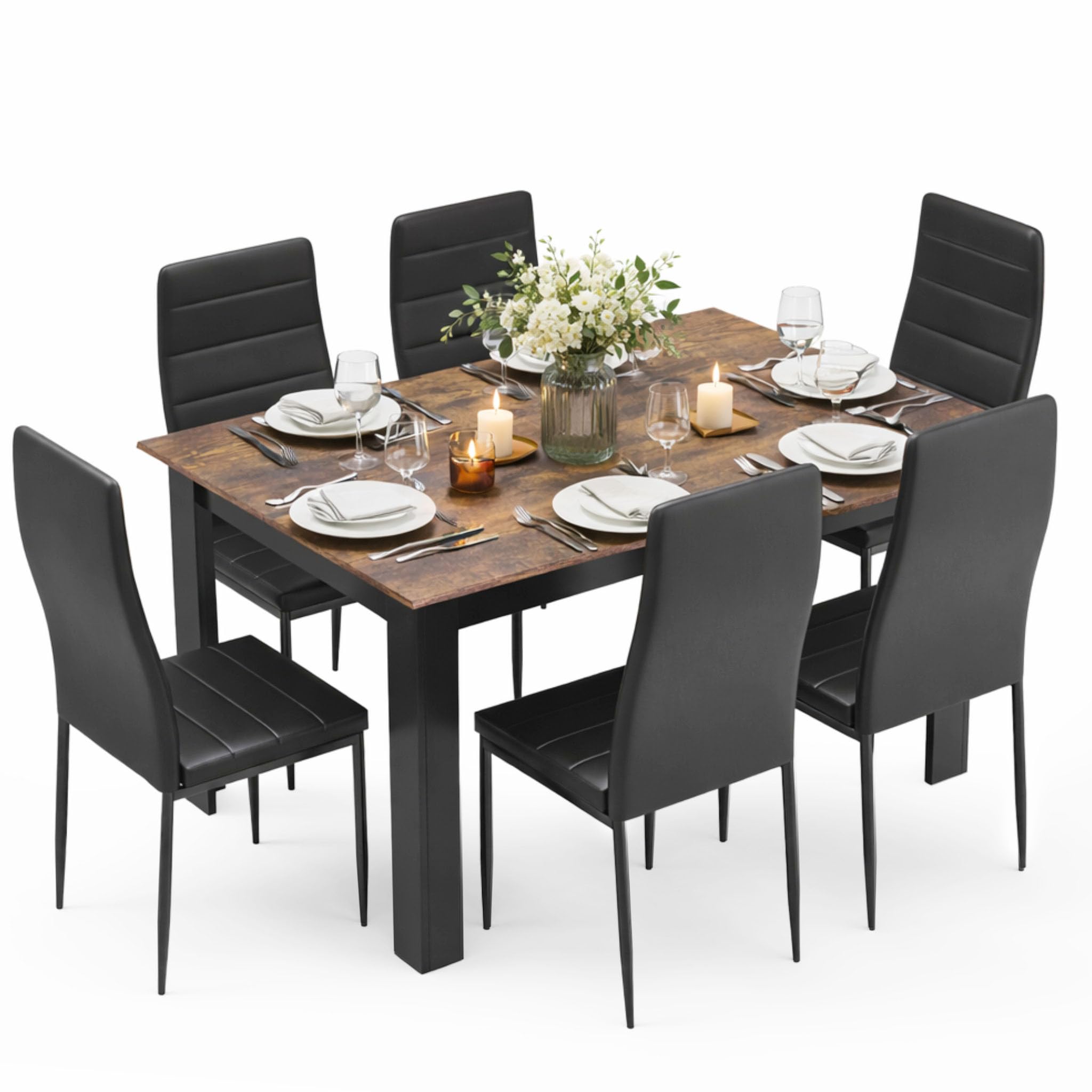 Mondeer Dining Table and Chairs Set 6, 138x90x75cm, for Kitchen Home Office, Rusticbrown Black Table and Black Chairs, 138 x 90 x 75 cm - Image 2