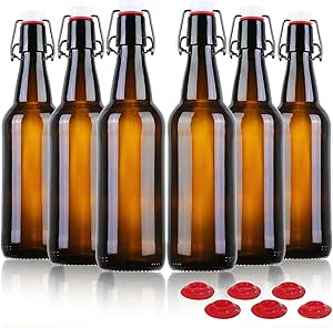 YEBODA 16 oz Amber Glass Beer Bottles for Home Brewing with Flip Caps, Case of 6