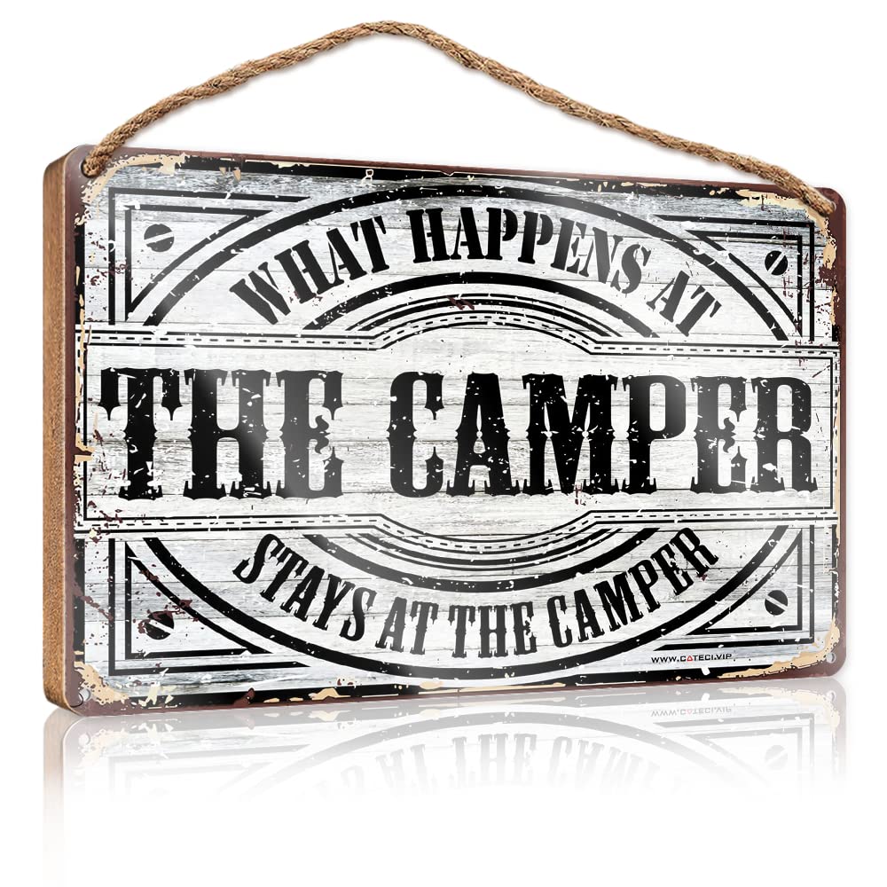 FZFN Front Porch Decor Farmhouse What Happens At The Camper Stays At The Camper Wooden Sign Our Home Signs For Home Decor Hanging Decor Outdoo(15X28CM)