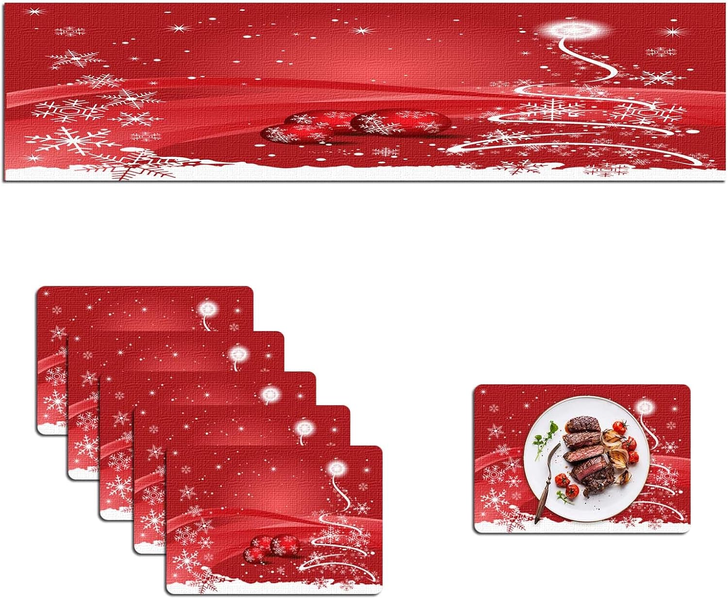 Mcalk Red Christmas Table Runner and Placemats Set of 6, Christmas Placemat, Snow