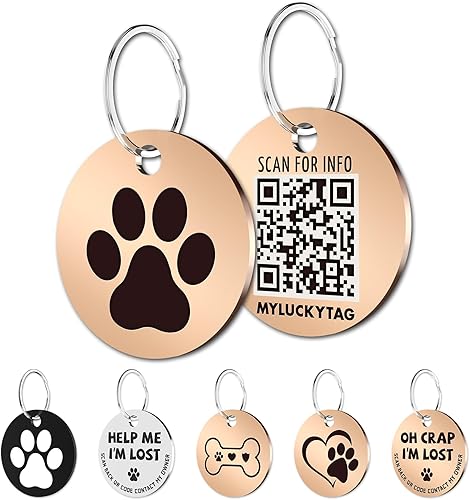 MYLUCKYTAG Etiquetas de identificación de mascotas con código QR de acero inoxidable - Perfil en línea de mascotas - Escanea QR Recibir correo