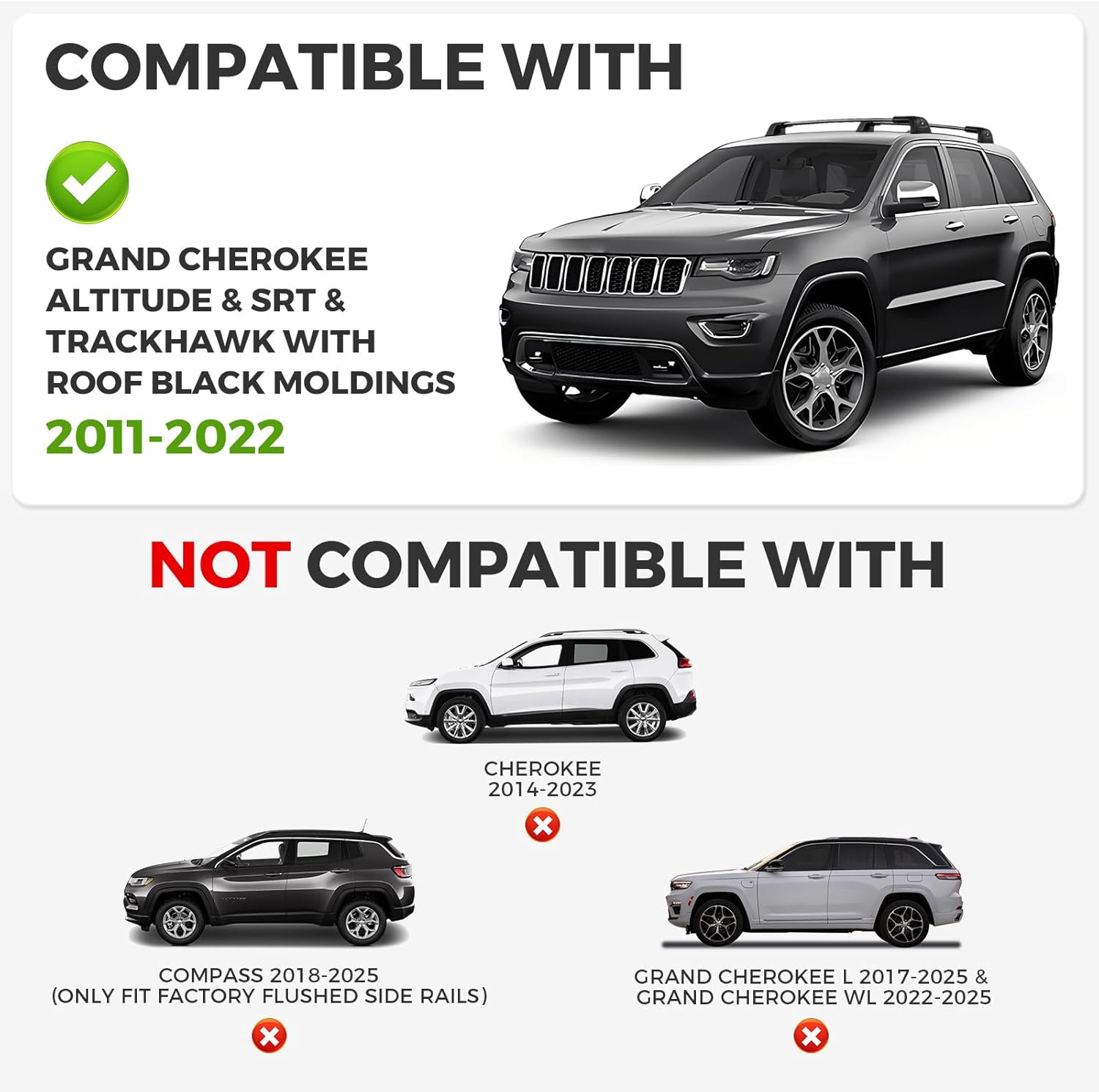 Roof Rack Cross Bars Compatible with Jeep GC Altitude & SRT & Trackhawk 2011-2022, Heavy Duty 300 LBS Lockable Aluminum Crossbars, Anti-Theft Rooftop Cargo Carrier for Bike, Kayak, Ski, Cargo Box