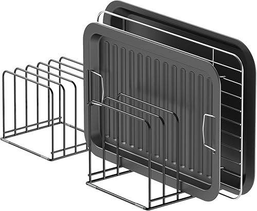 Organizador de armario de cocina, soporte para utensilios de cocina de acero, soporte dividido con 5 ranuras para sartenes, bandeja para hornear y