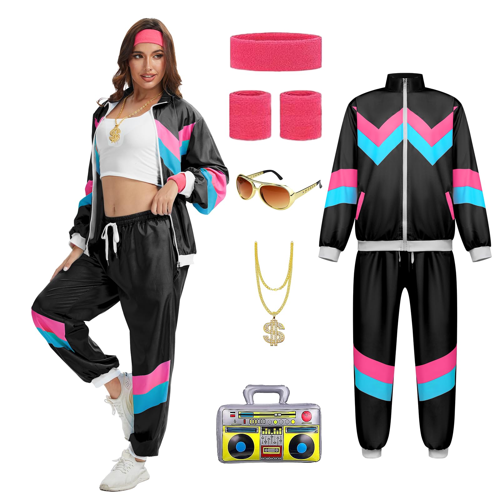Disfraz de los años 80 y 90 para mujer, estilo retro de los años 80, chándal, chaqueta, pantalones, traje con cadena dorada, radio inflable, Halloween, carnaval para mujer