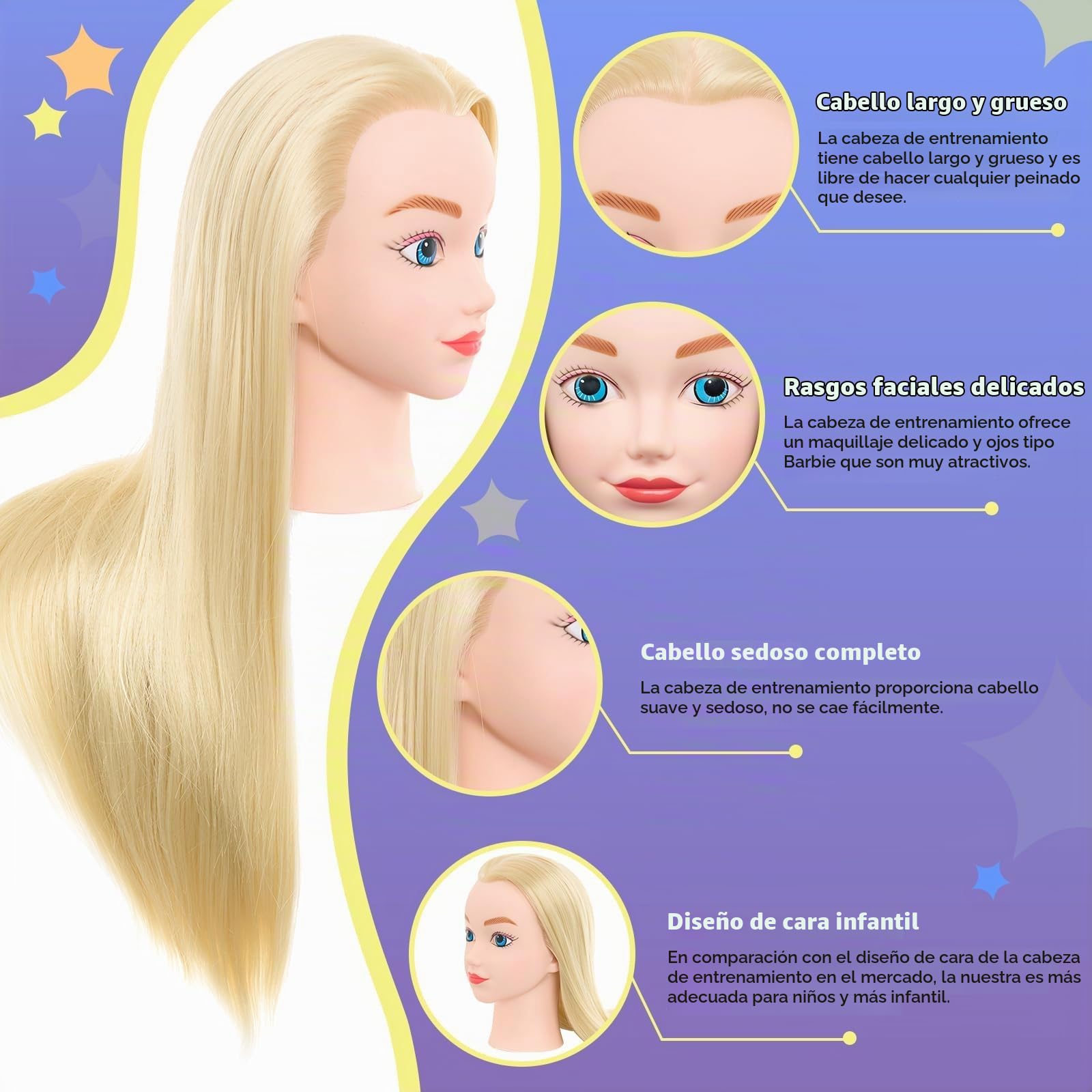 Neverland de 20 pulgadas Cabeza de peluquería 100% fibra pelo Cabeza de Entrenamiento Cabeza de Muñeca Muñeca peluqueria Muñeca de la Cosmetología con Soporte& DIY Hair Styling Tools