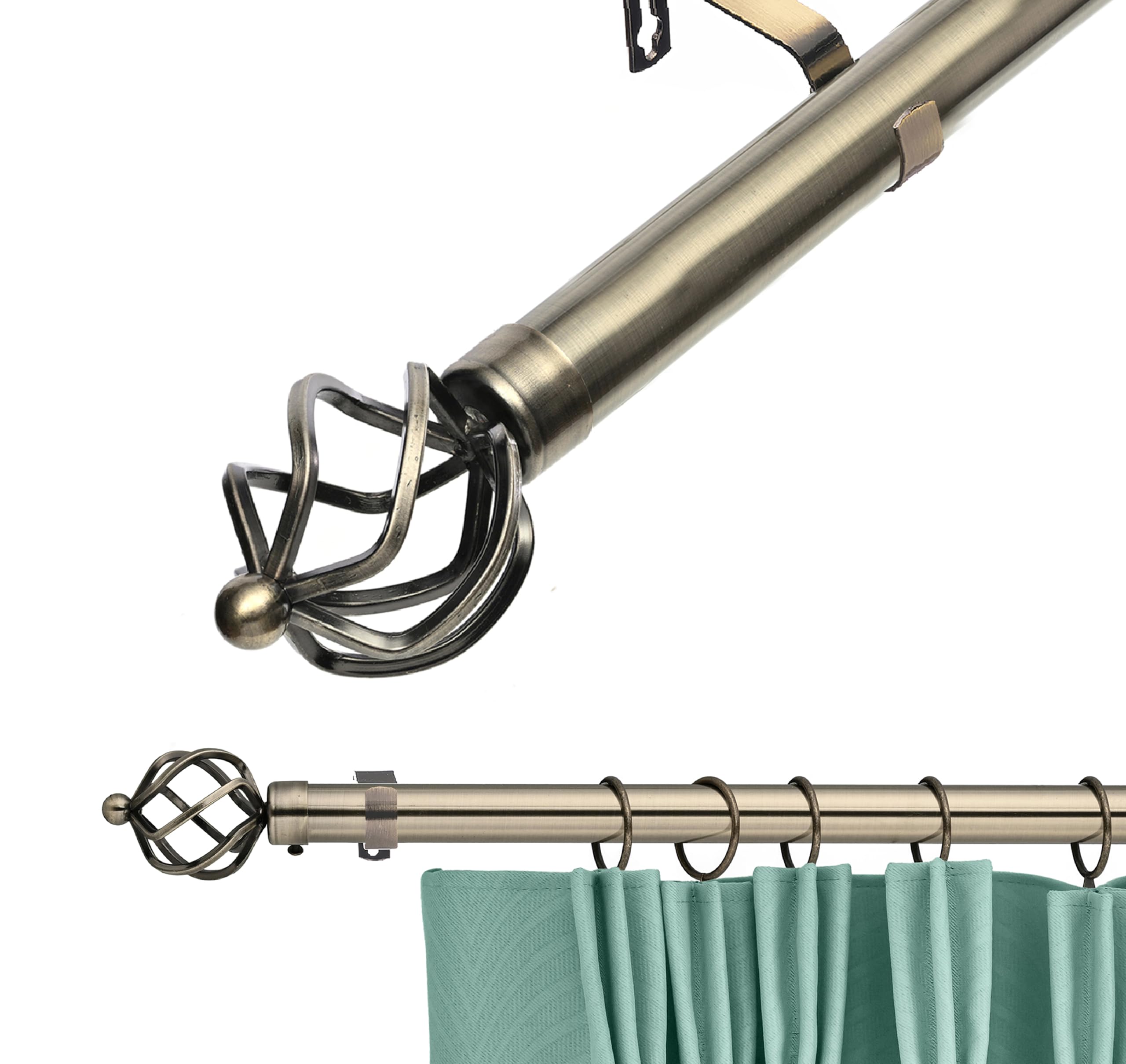 Lister Cartwright Antique Brass (Cage Finial) 28Mm Antique Brass Adjustable Telescopic Extendable Metal Curtain Pole Set With Cage Finial Voile Easy Fit To Outdoor, Bedroom, Living Room (210-320 Cm)