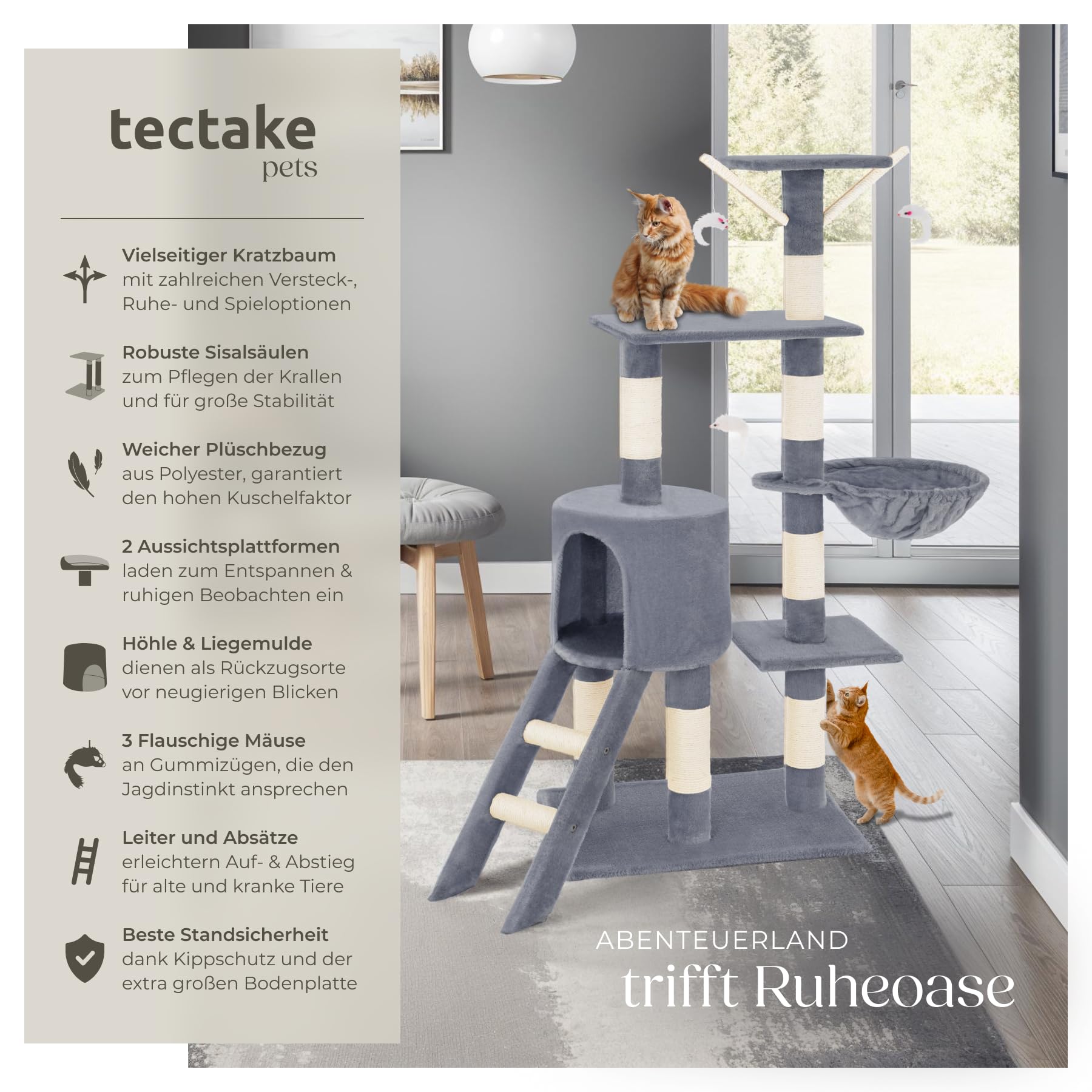 Tectake Kratzbaum für Katzen - Mittelgroßer Kletterbaum mit Sisalstangen, Hohl und Treppe - Katzenhaus 144 cm Hoch - Grau