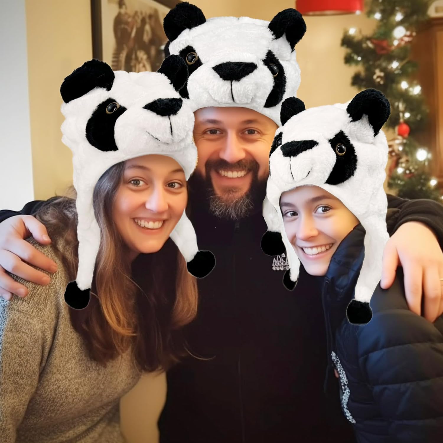 3 Pack Plush Panda Hat, Cozy Fleece Winter Hats with Short Ear Flaps, Funny Panda Costume Cap for Family Adult Kids - Image 4