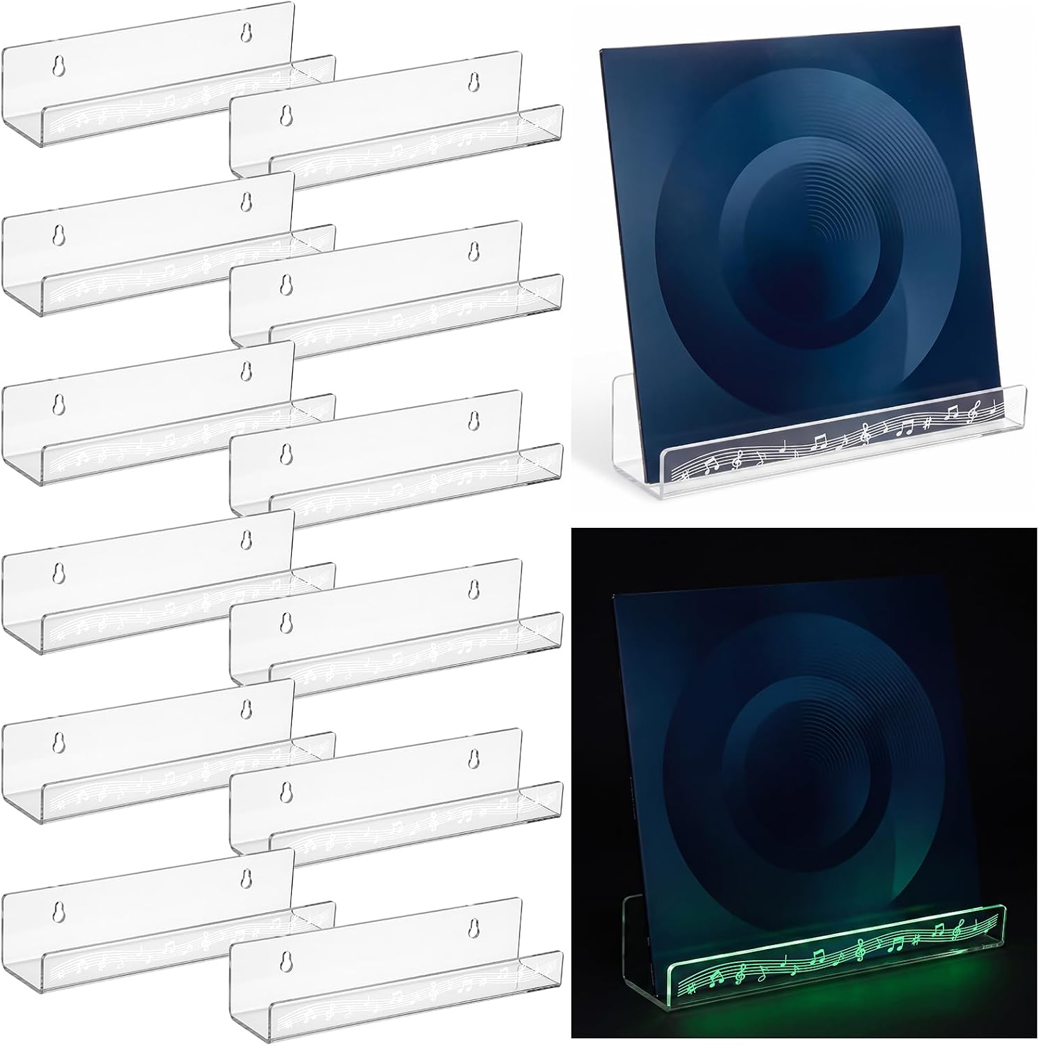 Hoteam 12 Pack Vinyl Record Wall Mount Shelf with Music Icon 8 Inch