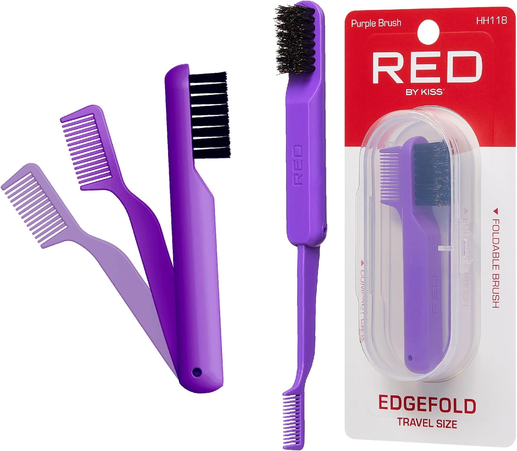 2-in-1 Foldable Comb & Edge Brush with Travel Case, Compact Palm-Sized Design, 100% Soft Boar Bristles for Smooth Hair & Edge Control, Portable Hair Styling Tool (Purple)