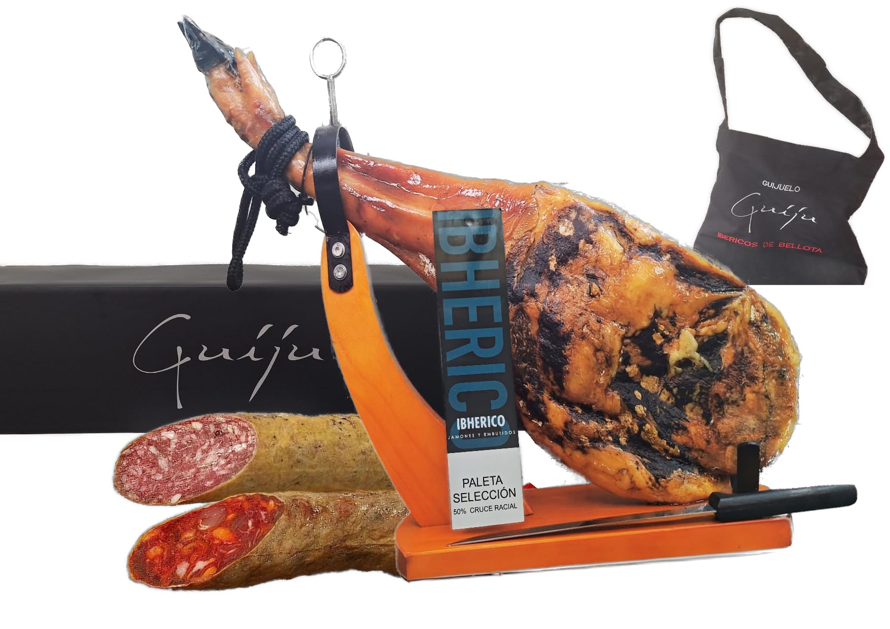 Lotto di prosciutto (palletta) iberico selezione con salsiccia e salsiccia di bella e coltellino + prosciutto - regalo anteriore di Iberiche di bellota guiggiola - Favolosa di guigolo.