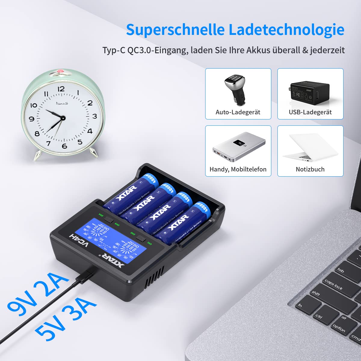 XTAR 2022 New VC4H 18650 Ladegerät 4 XTAR 4-Slot 18650 Batterieladegerät LCD-Display Universelles Ladegerät mit Typ C für Li-Ionen-Batterien 18650 22650 20700 16340 14500, AA AAA-Akkus