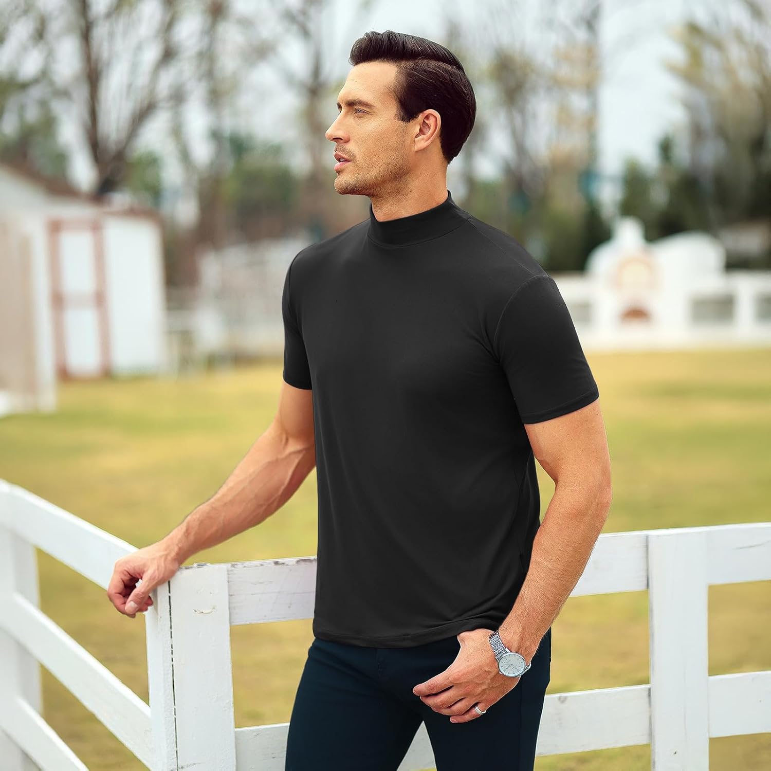 Mens T Shirt Short Sleeve Basic Mock Turtleneck Slim Fit Undershirt Pullover Thermal Solid Tops - Image 6