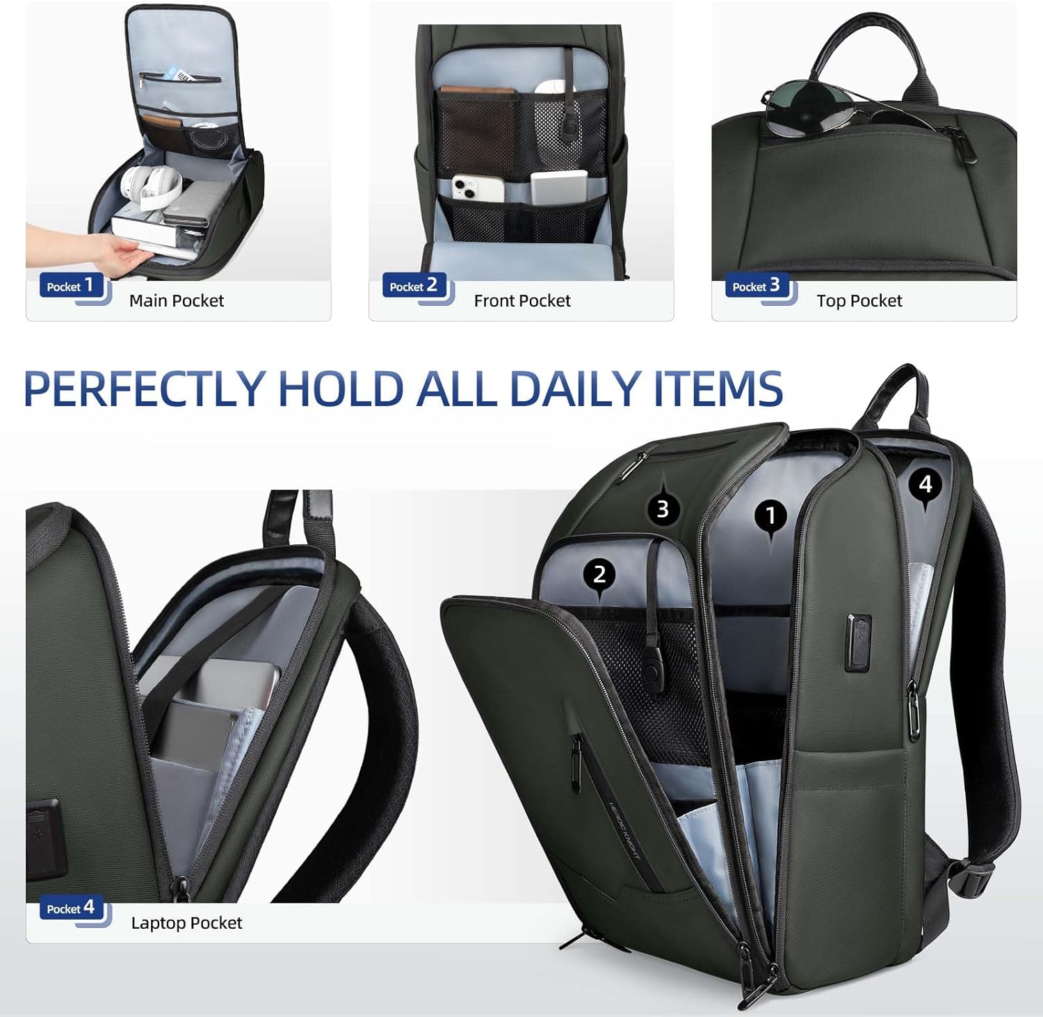 Business Backpack Computer Bag for 15.6 Inch Laptop for Men Women with USB Charging Port Water-Resistant Anti-theft Luggage Backpack Suitcase Casual Daypack for College Weekender Hikking Travel-Green - Image 4