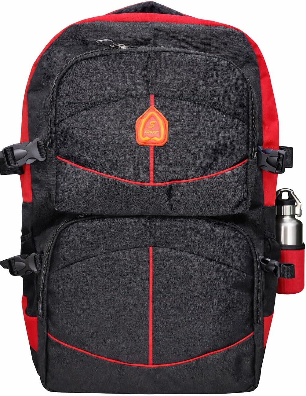 Sport Backpack, Black and Red, Multi-Compartment with Side Bottle Holder, Adjustable Straps