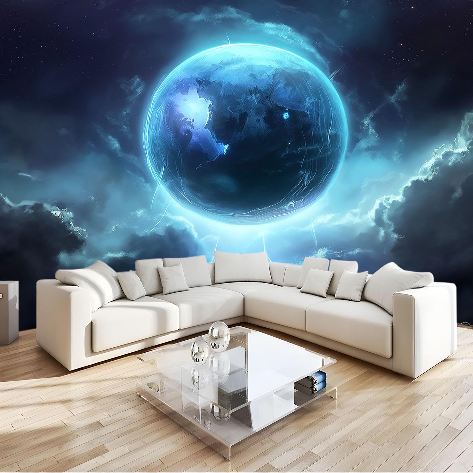 Papier peint intissé planète pour chambre ado et décoration de salon panoramique 3D bleu