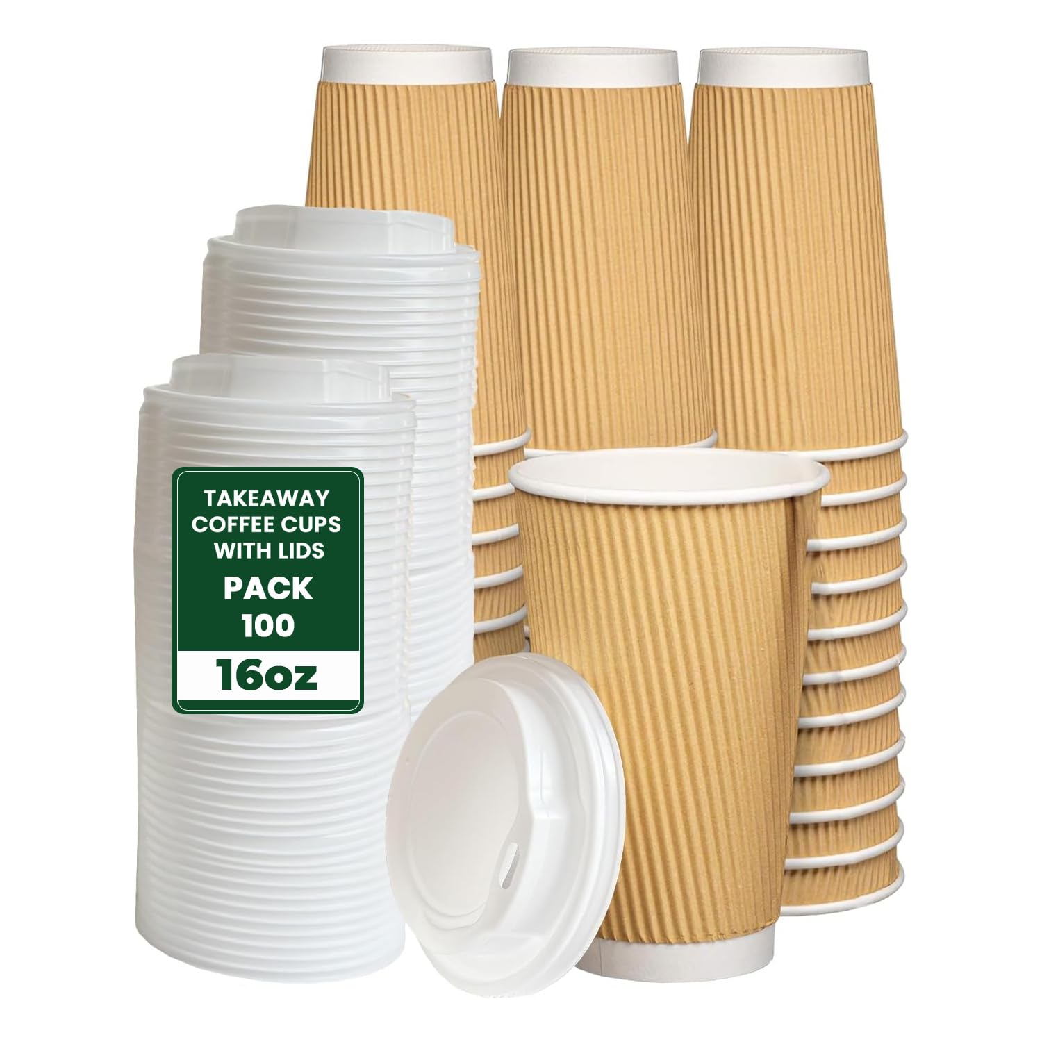 ECONX 100 Pack 16oz Takeaway Coffee Cups with Lids Triple Walled Ripple Disposable Coffee Cups Insulated Brown for Hot and Cold Drinks Coffee Paper Cups for Coffee Tea — image 1