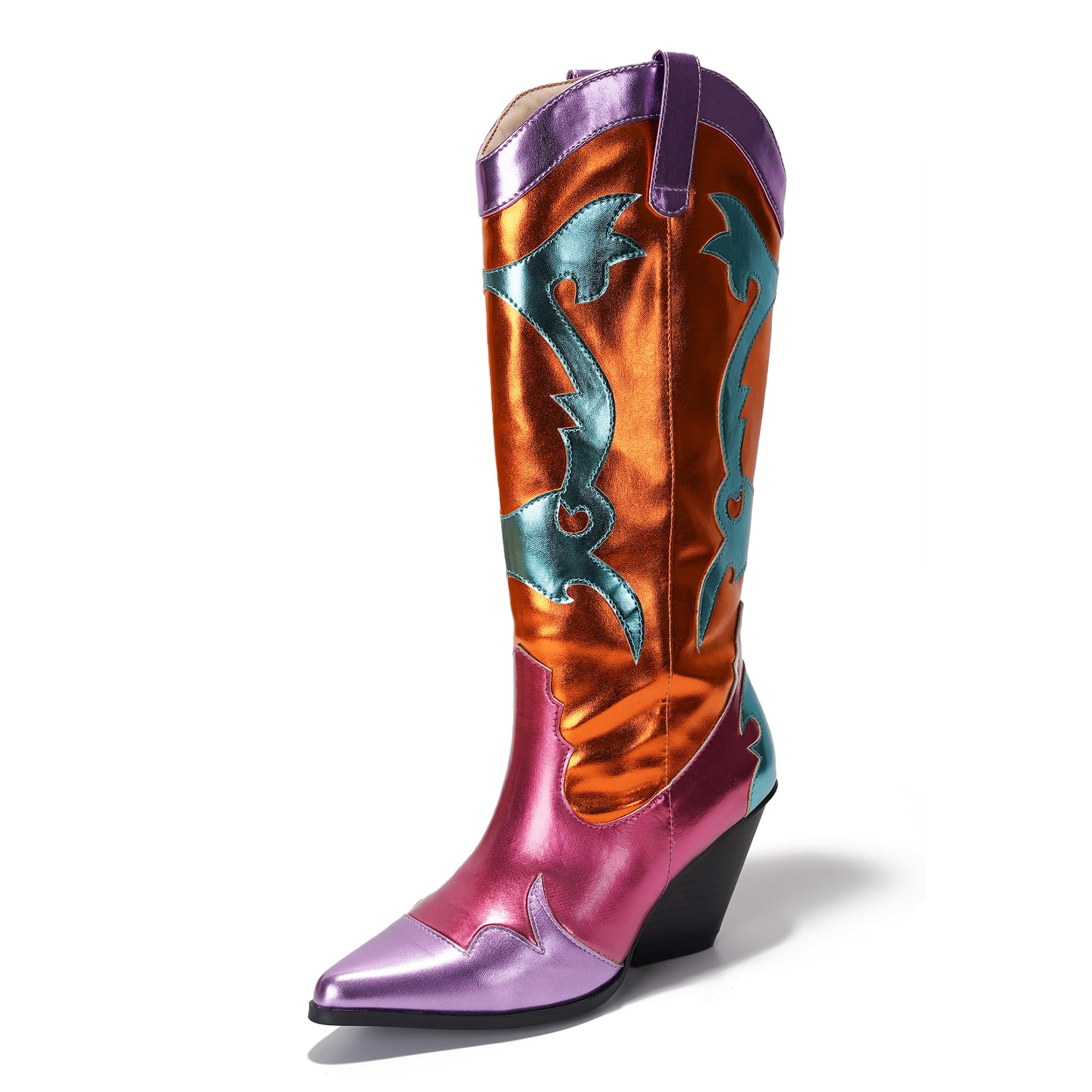 Cape Robbin Women's Metallic Colorblock Cowboy Boots Mid Calf 3 Inch Heel - Multicolor Western Boots with Pointed Toe & Comfort Footbed (Juliana)