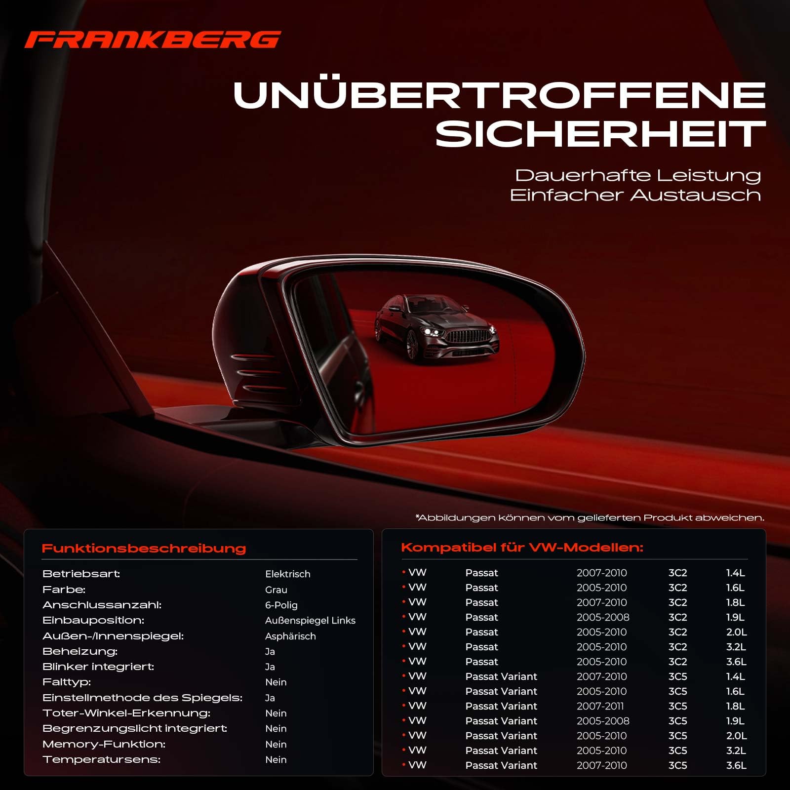 Frankberg Außenspiegel Links Aussenspiegel Elektrisch 6-Polig Kompatibel mit P.a.s.s.a.t 3C2 Stufenheck 2005-2010 P.a.s.s.a.t Variant 3C5 Kombi 2005-2011 Replace# 3C1857507CJ9B9