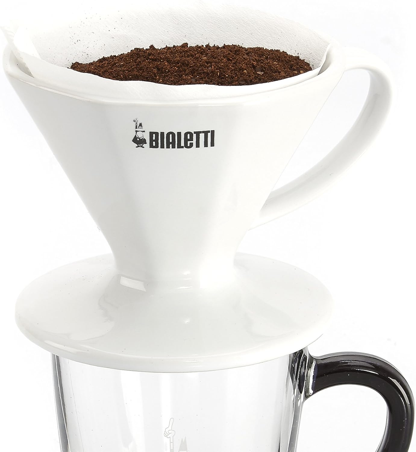 Bialetti White Ceramic Coffee Pourover Dripper with coffee grounds