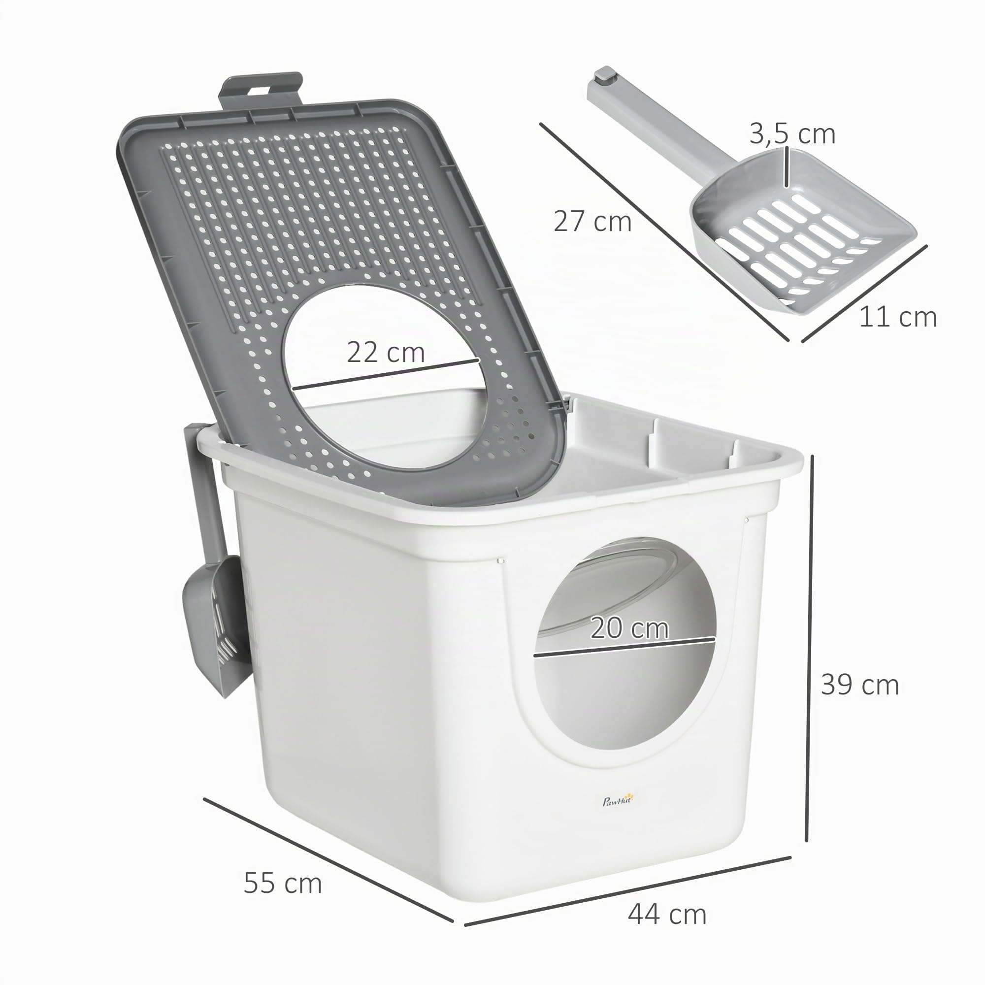PawHut Arenero para Gatos con Pala 2 Puertas 44x55x39 cm Blanco y Gris | Inodoro para Mascotas, Entrada Principal y Salida Superior