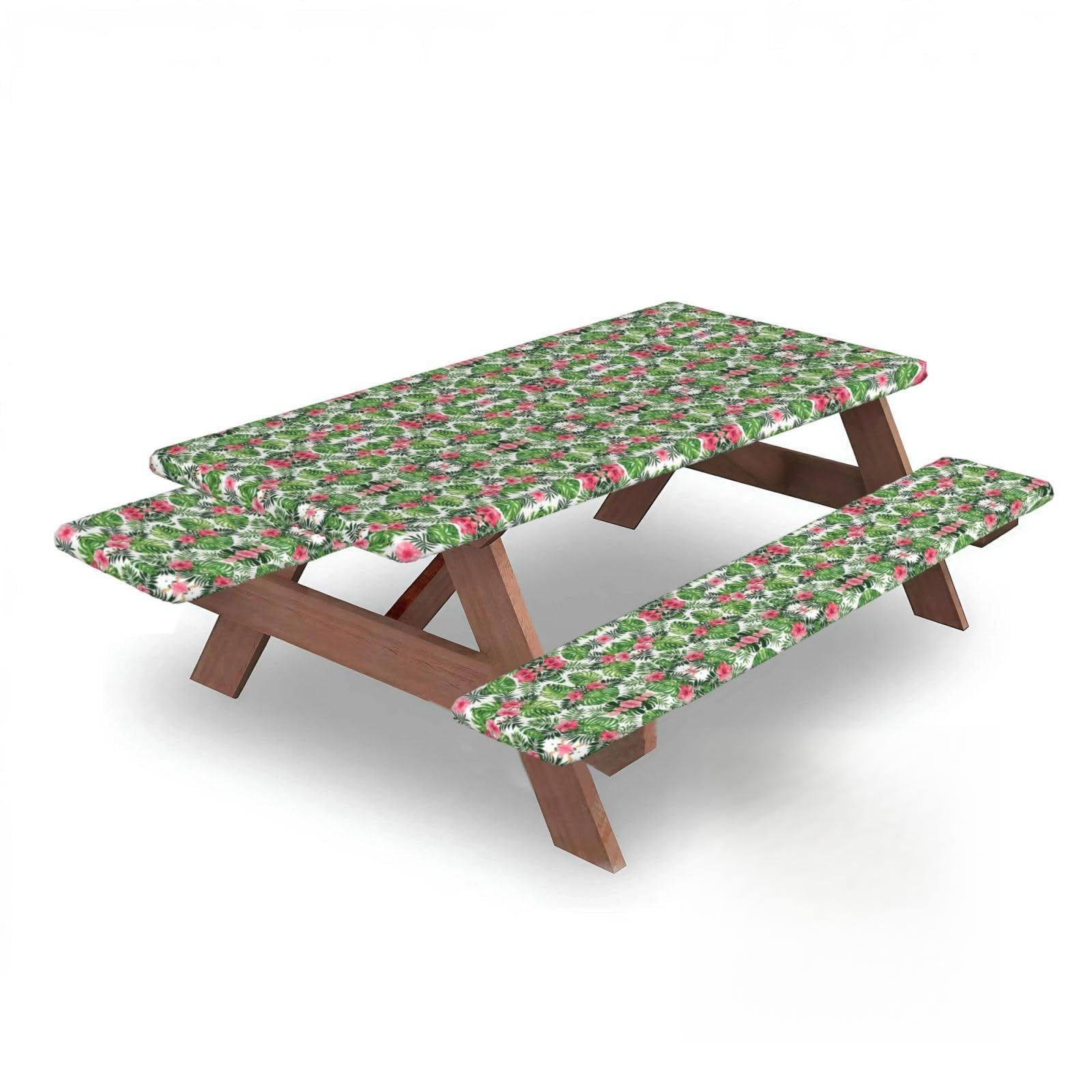 ESNAIUVCD Tropical Leaves Print Picnic Table Cover With Bench Covers,Camping Essentials,Fitted Tablecloth Cover With Elastic Edge, For Indoor & Outdoor 3 Pcs