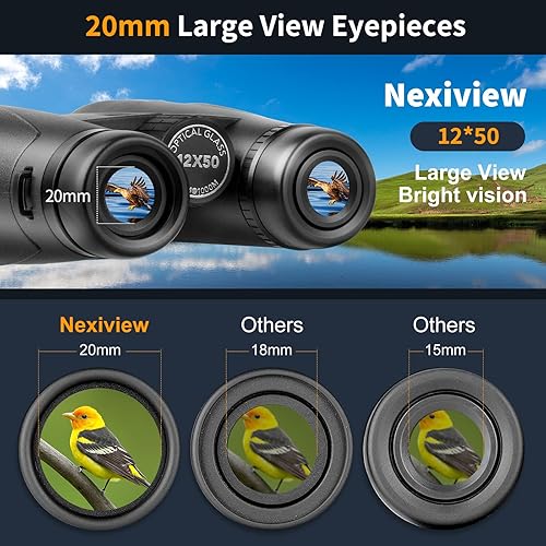 Miniatura 3 de Nexiview Prismáticos HD de 12 x 50 para adultos con adaptador de teléfono y trípode, prismáticos de alta potencia con visión clara de poca luz,