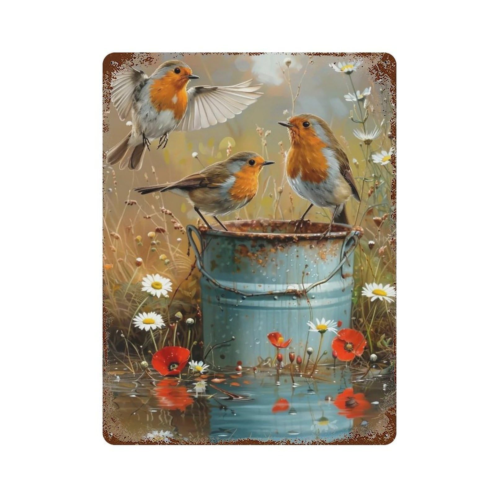 HDURYEYRYY Two Robin Birds Pond 04 Wall Retro Iron Vintage Art Metal Tin Sign Poster Modern Home Cofffee Club Art Bar Shop Decor Style 40x30cm