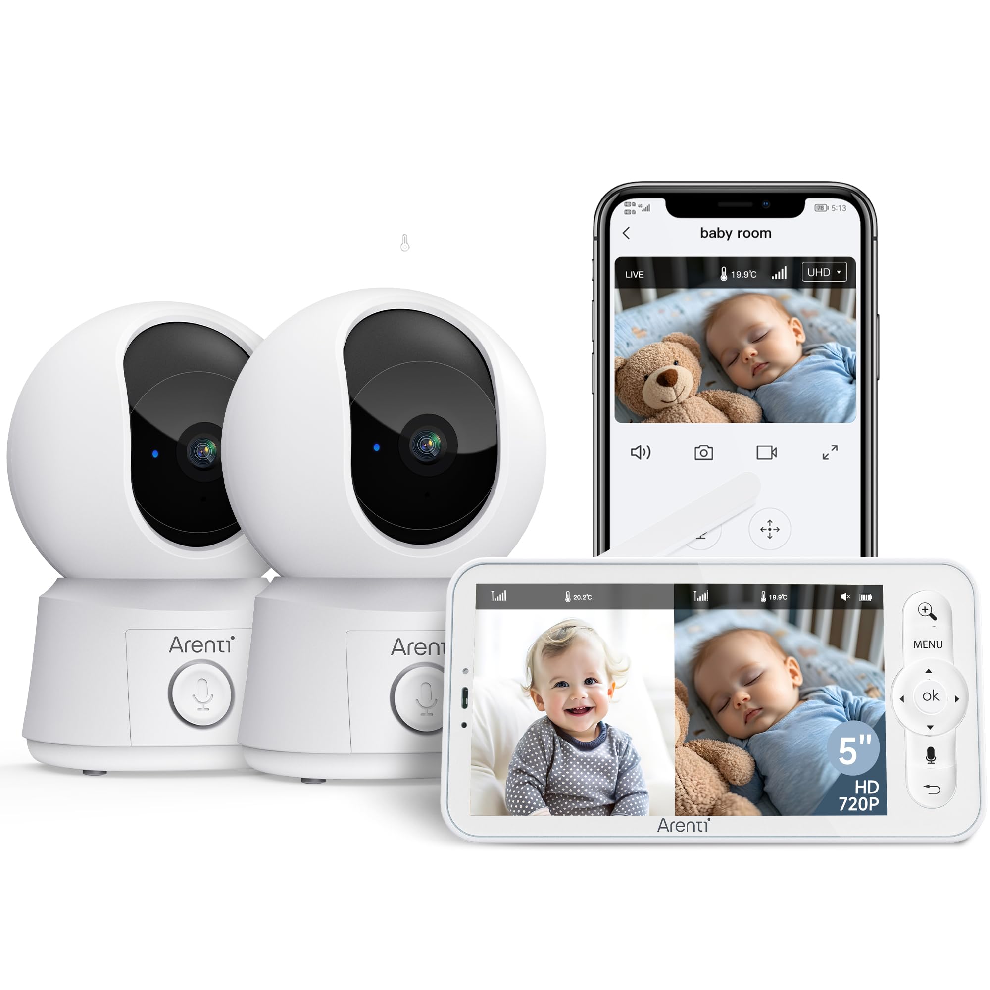 ARENTI Baby Monitor con 2 telecamere PTZ 360°,5", Wi-Fi,Controllo Simultaneo da Monitor e App,Audio Bidirezionale, Visione Notturna,Rilevazione Temperatura,Rilevazione Movimento