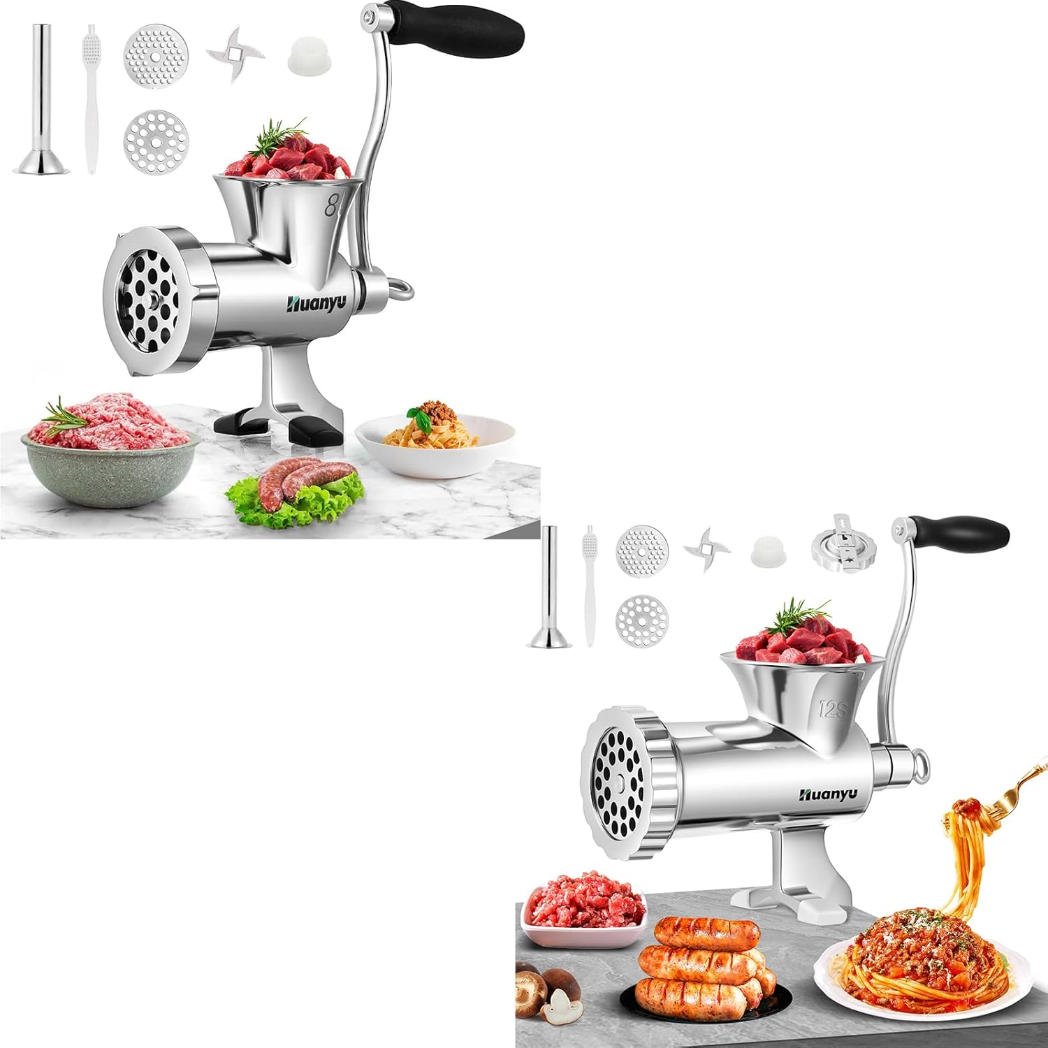 Huanyu Meat Grinder Manual Stainless Steel Compact Meat Mincer Sausage Stuffer Household for Chicken Beef Chili M8 and Huanyu Manual Meat Grinder with Biscuit Making Accessories (NO.12s) Bundle