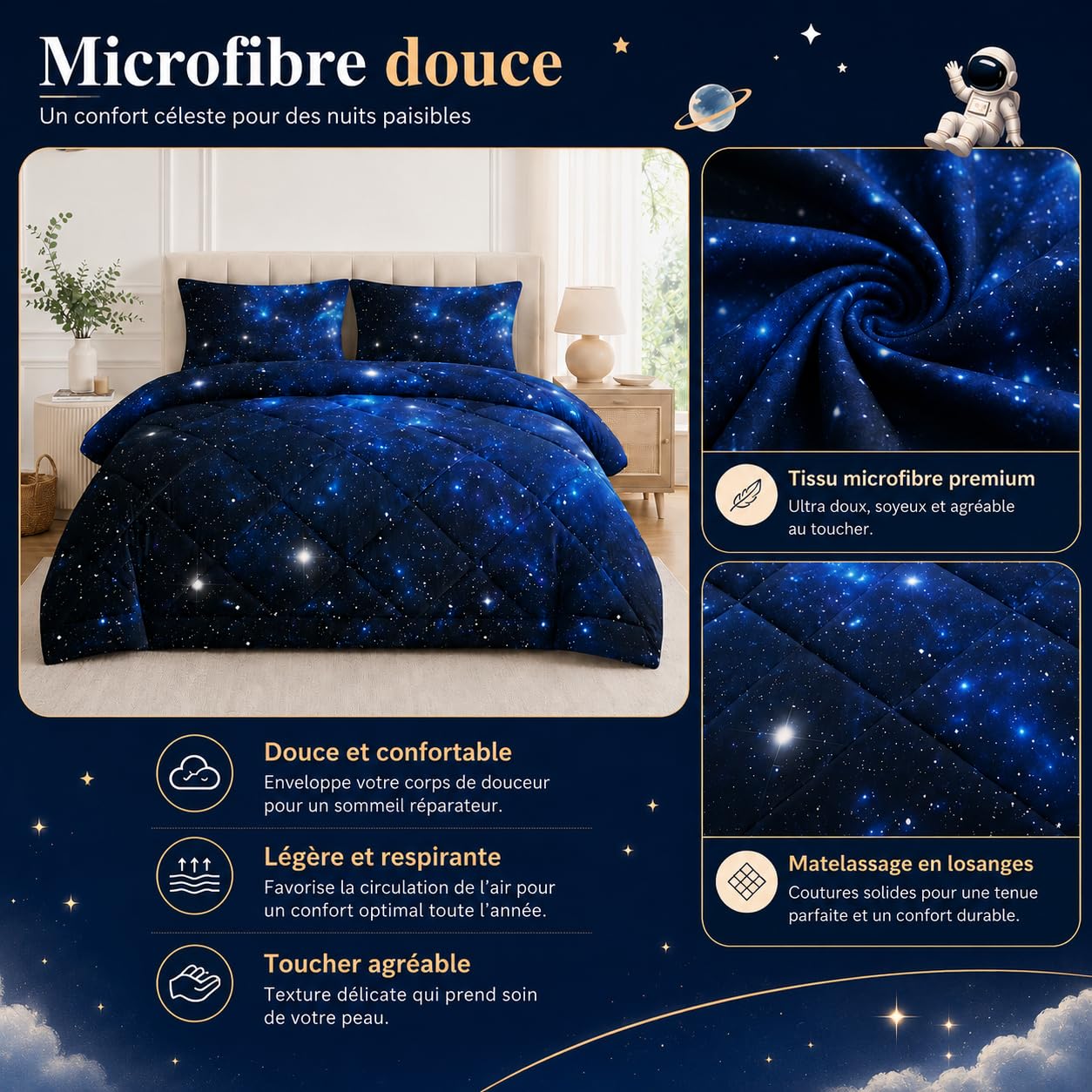 Couette Imprimée 260x240 4 Saisons,Couette Ciel éToilé Bleu Adulte 2 Personnes Grande Taille, Edredon Duvet Bleu Marine Ete Hiver avec 2 Taies d'oreiller,Lavable en Machine