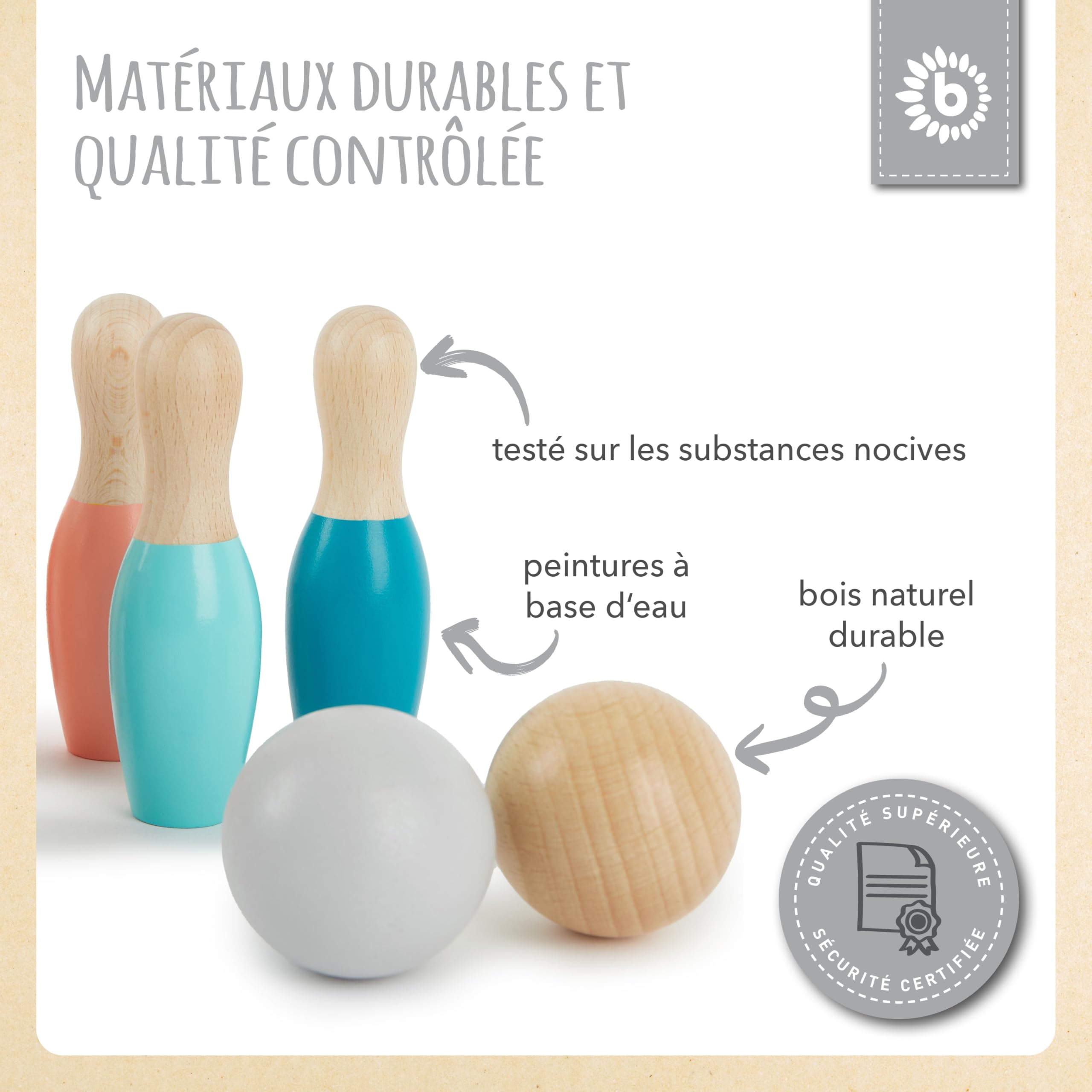 Bieco Mini jeu de quilles en bois pour enfant - 8 pièces - Jeu de bowling - Jouet d'extérieur - Jeux d'extérieur pour enfants - Cône pour adultes - Jeu de jardin