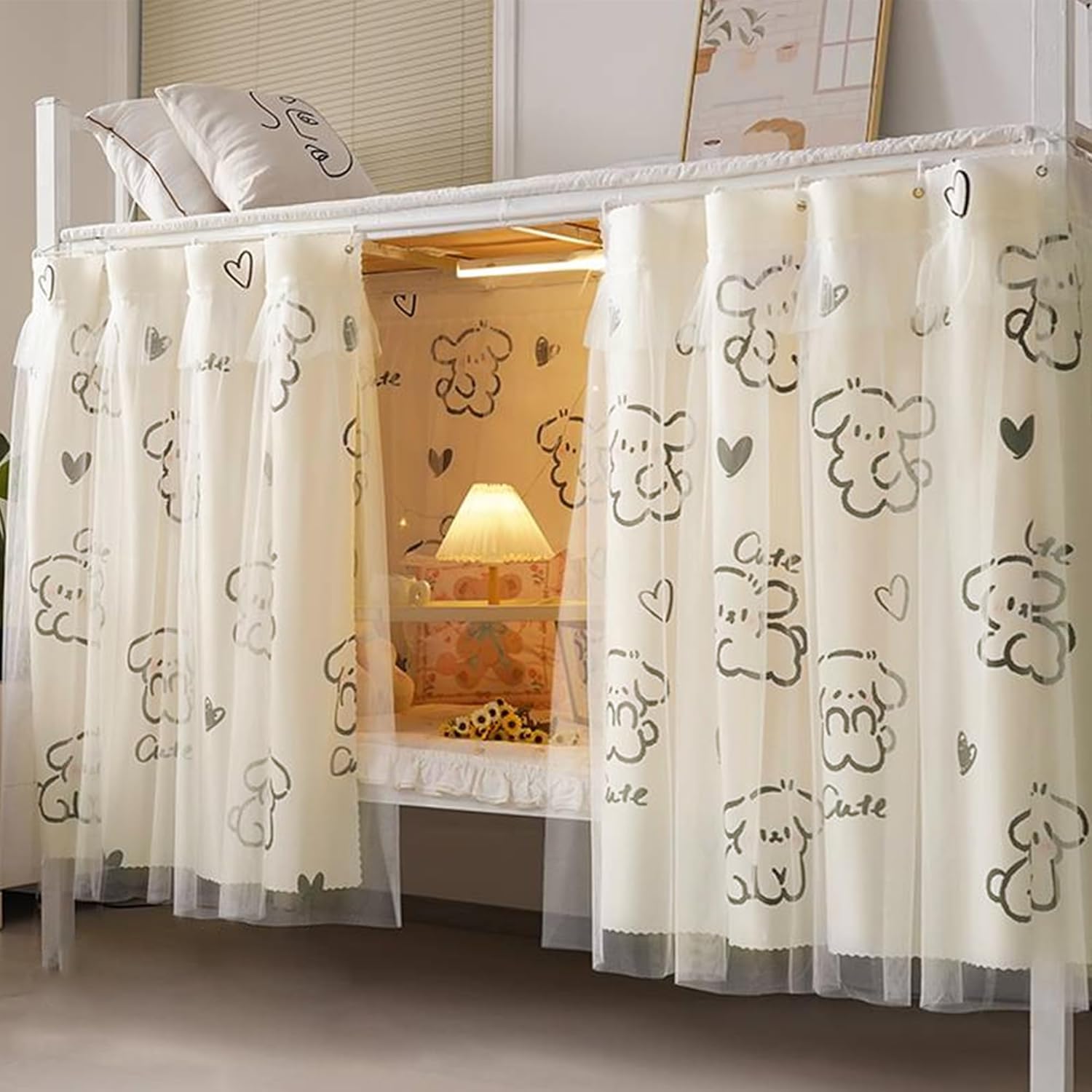 Hoce Bunk Bed Curtain Gauze Bunk Bed Curtains Drapes with Lace Privacy Dorm Bed Canopy for Bottom Twin, 2 Panels