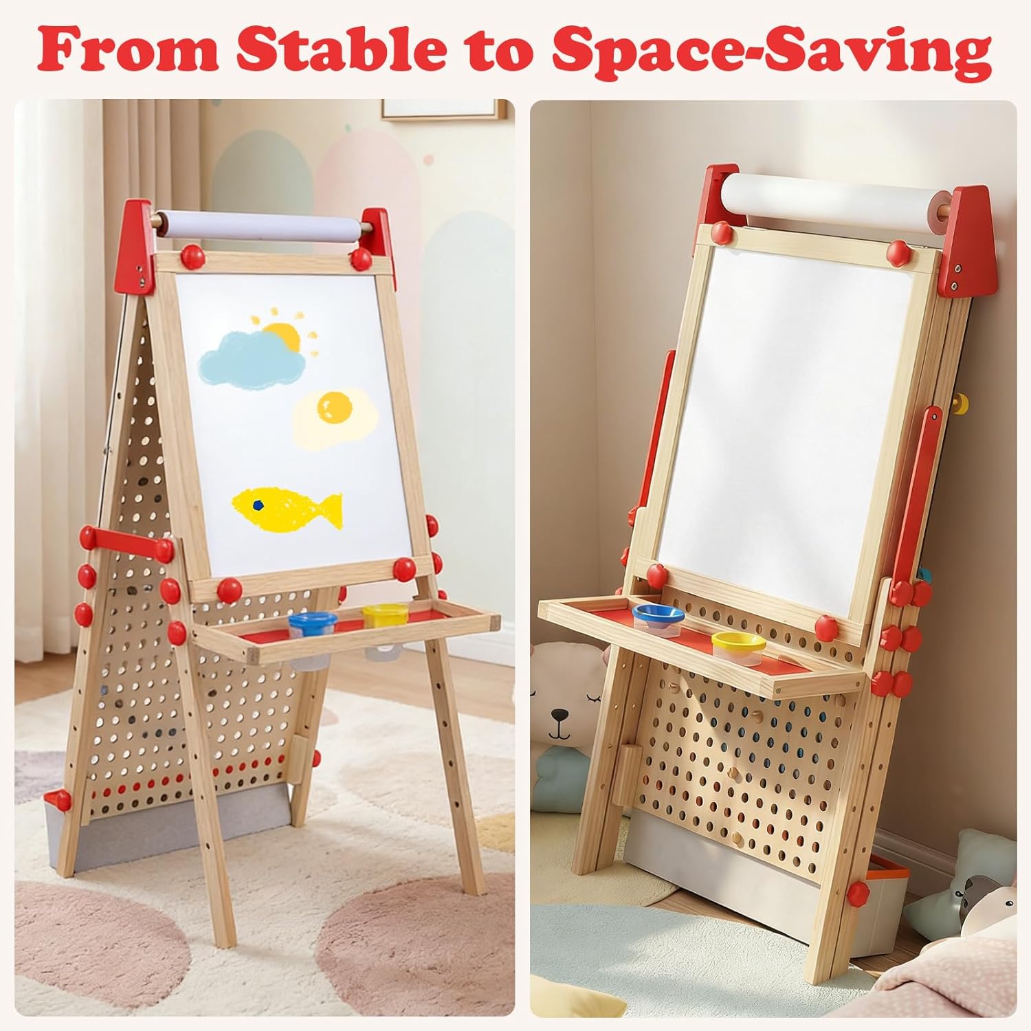 OLAKIDS 4 in 1 Easel for Kids with Marble Run, Magnetic Whiteboard, Chalkboard, Drawing Paper Roll, 6-Level Adjustable Height for Toddlers Ages 3-10
