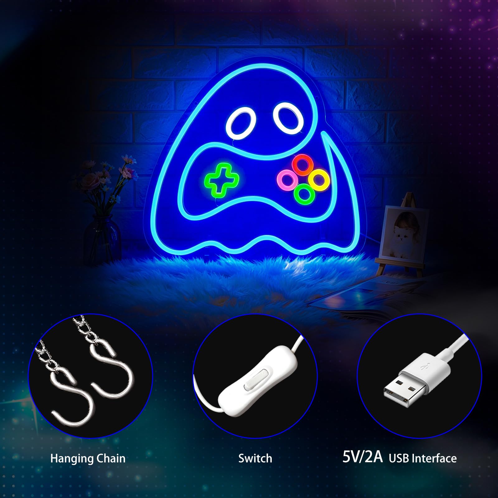 Letrero de neón fantasma de juego, letreros de neón para decoración de pared, letreros LED de neón para habitación, decoración del hogar, dormitorio, club, fiesta, bar, tienda, funciona con
