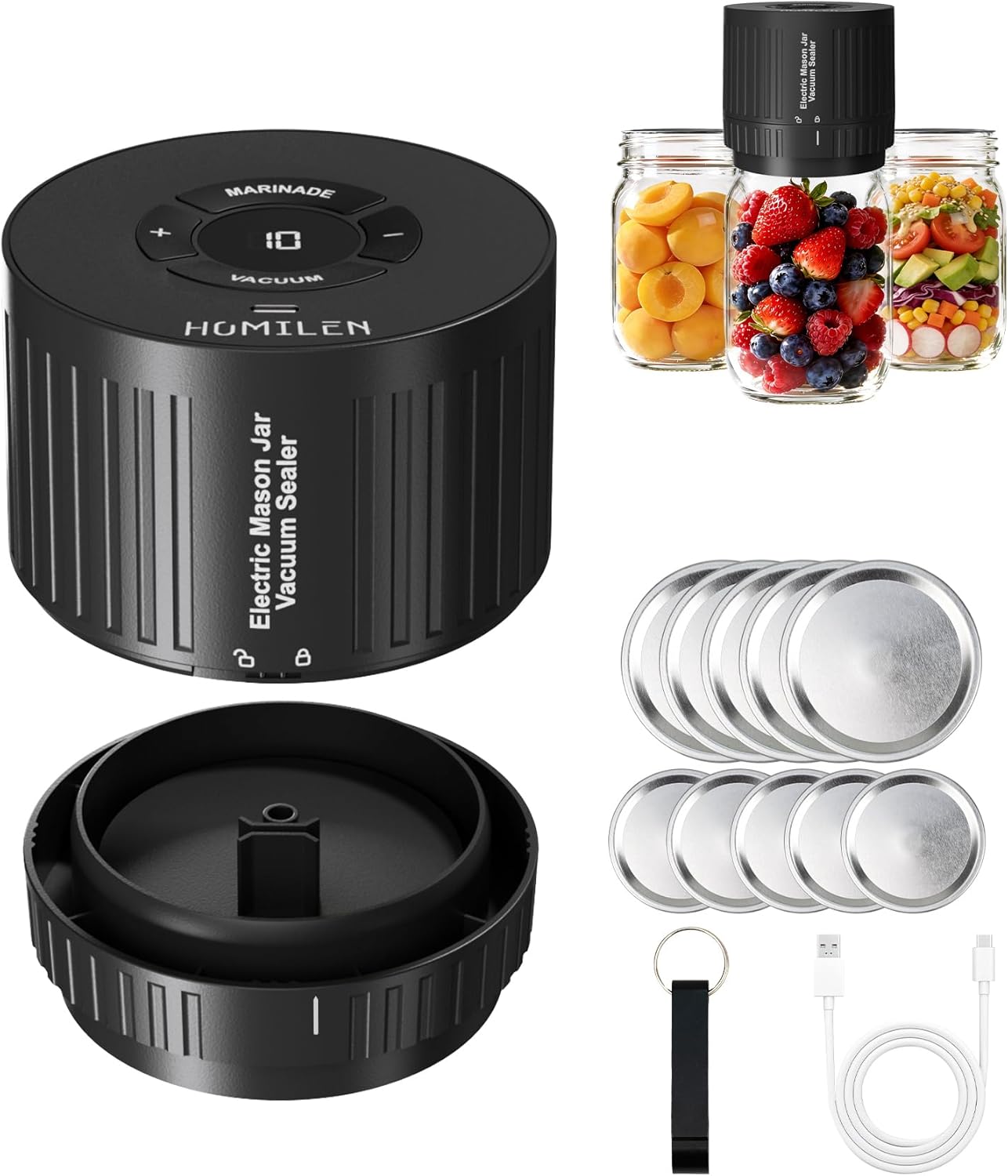 Electric Mason Jar Vacuum Sealer Kit - 2 Modes for Vacuum and Fast Marinade, 10 Sealing Lids - Preserve Freshness Efficiently, Ideal for Canning Jams, Pickles, Dry Foods, Grains Storage