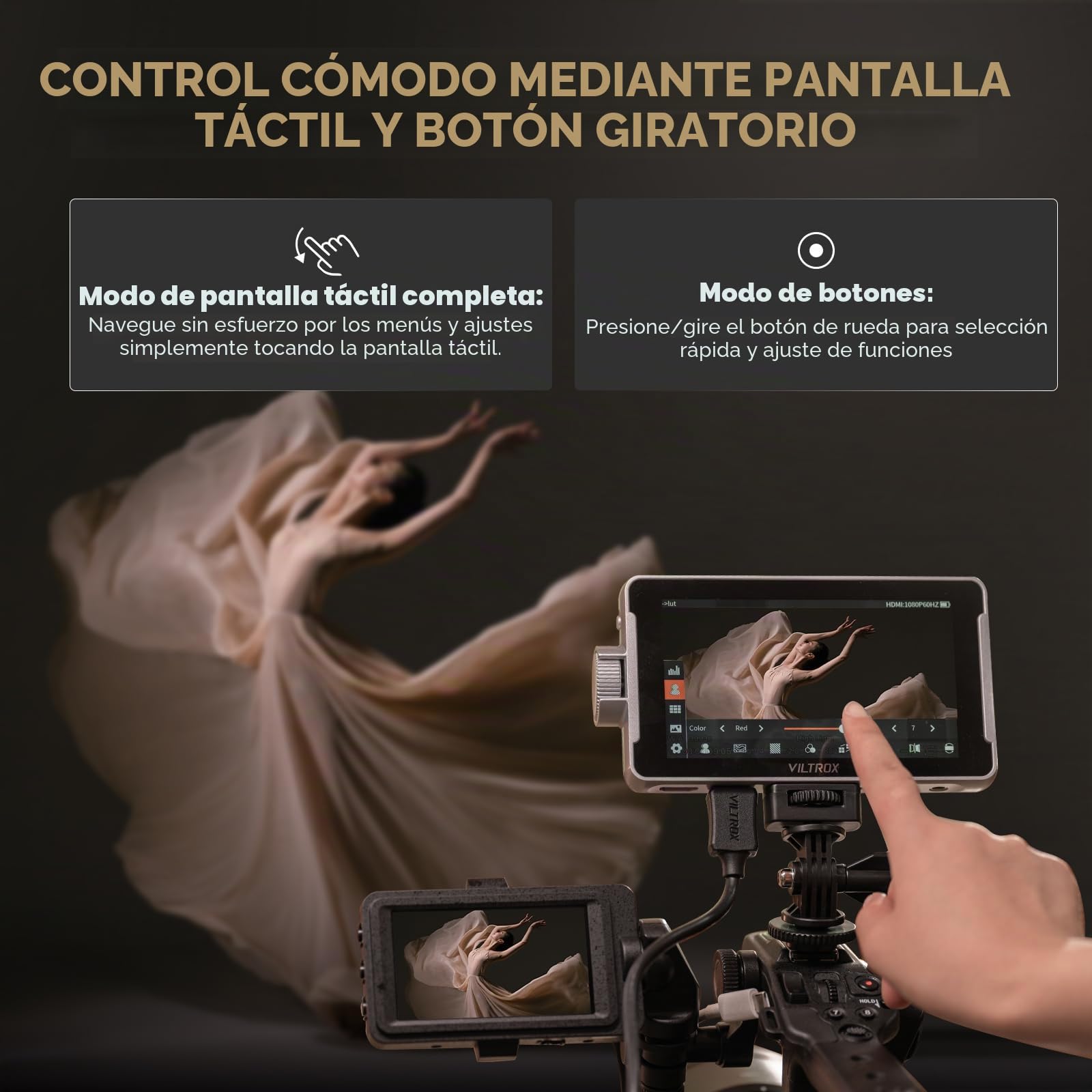 VILTROX DC-V1 5,5" Monitor de campo para cámara DSLR Monitor táctil 4K HDMI Video Monitor externo para Sony Canon Nikon 2000nits 3D LUT 1920×1080 IPS HD Video con batería recargable Hood