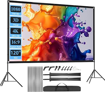 Outdoor Projector Screen with Stand, SCREENMAX 120 inch Foldable Projector Screens with Portable Carry Bag, 169 4k HD Rear Front Wrinkle-Free Projection Screen for Movie Night and Indoor Home Theater