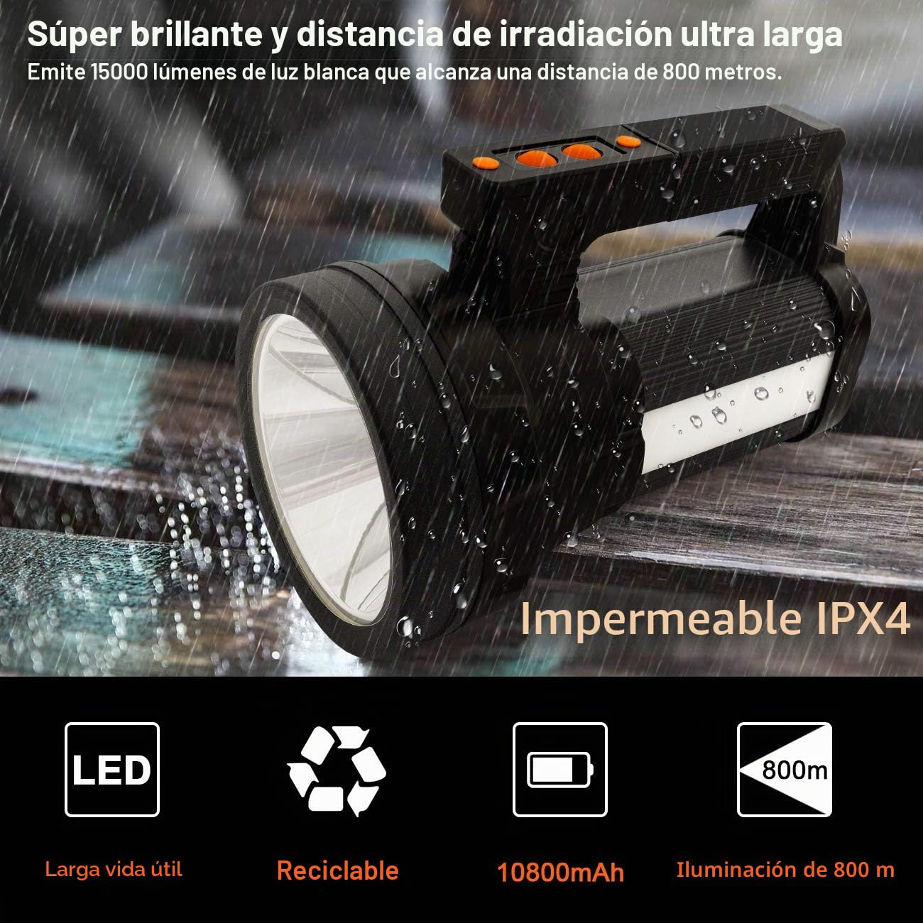 ERAY Linternas LED Alta Potencia 10800mAh - 15000LM, 6 Modos, IPX4 Impermeable, Correa & Cable USB Incluido, Linterna Grandes LED Recargable Ideal para Camping, Ciclismo, Emergencia, Pesca