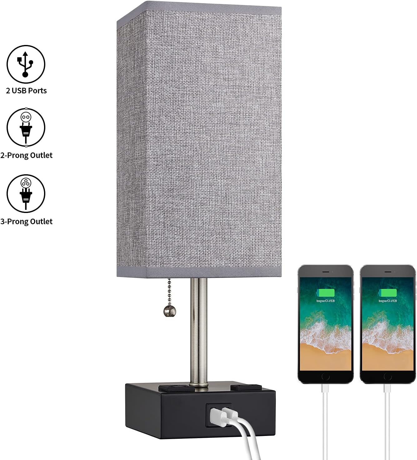 BOBOMOMO USB Table Lamp Bedside Lamps 15.5'' with 2 USB Charging Ports & 2 Power Outlet Nightstand Lamp for Bedroom Living Room Study Room (Black&Gray)