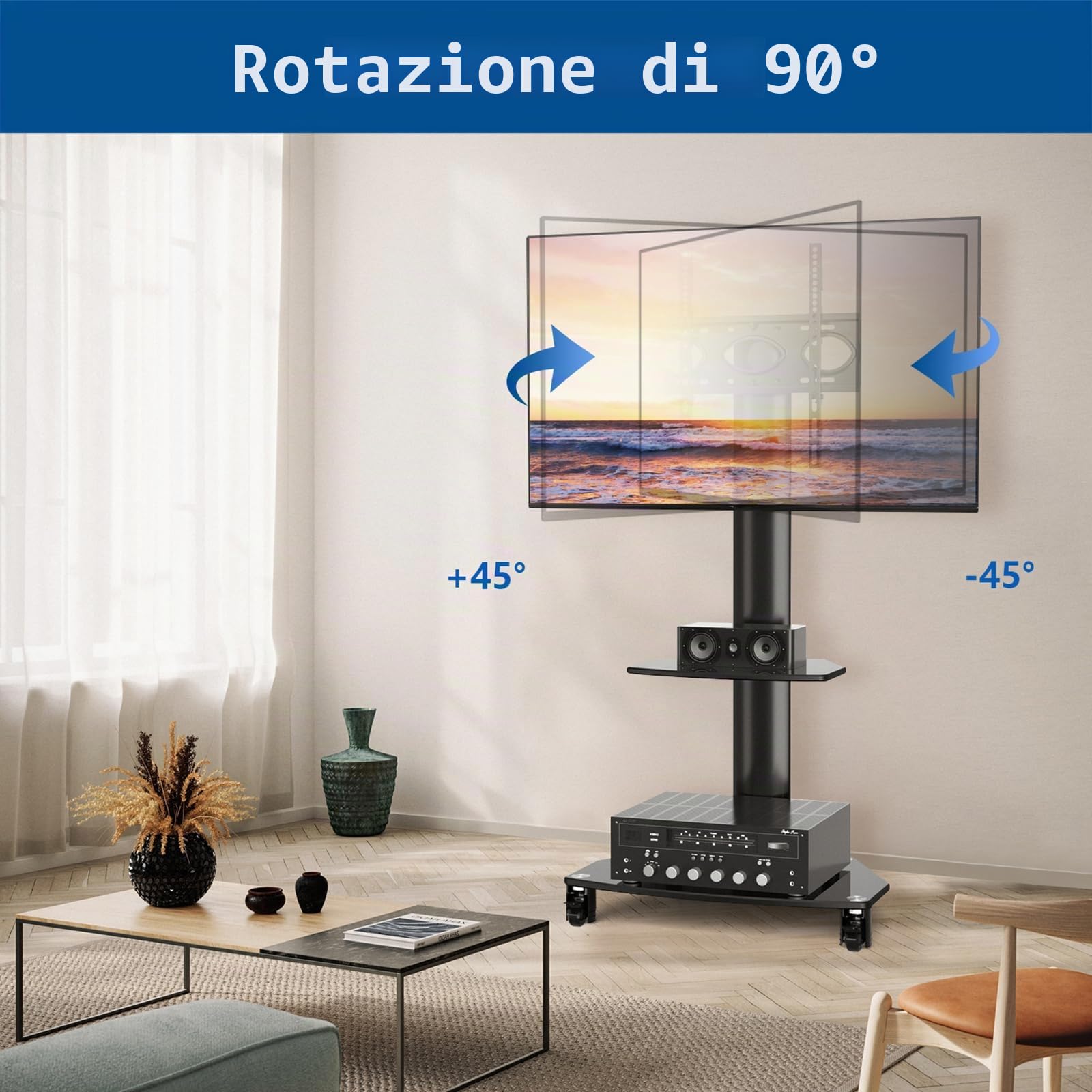 RFIVER Carrello Porta TV con Ruote per TV LCD LED OLED Plasma Piatto Curvo 27-70 Pollici, Supporto TV da Pavimento Mobile Sopportare 50kgs / Ruota di 45°/ Vetro Temperato