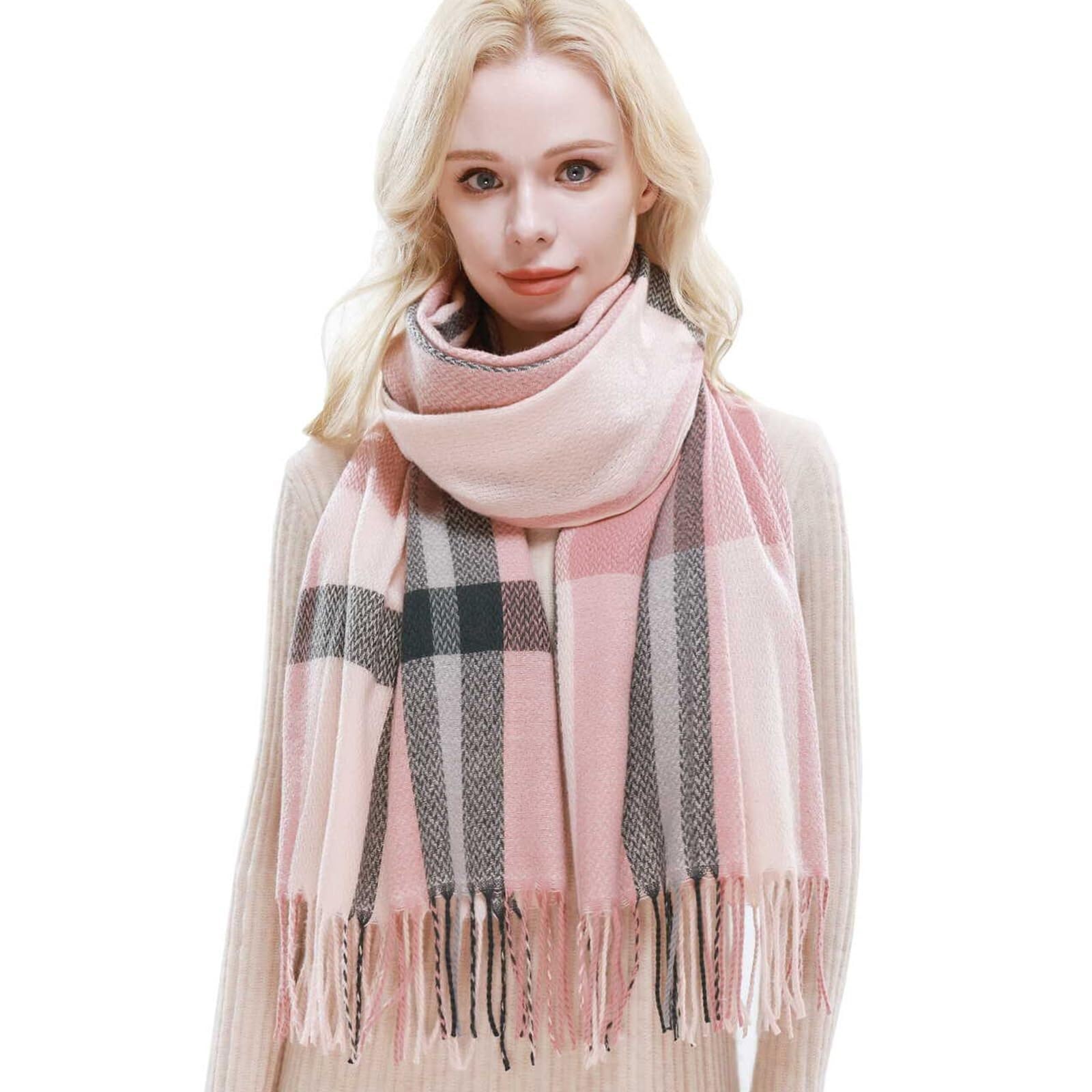 HengNing Ladies Tartan Scarf Gifts for Women Winter Scarves Wraps Warm Blanket Scarf Pashmina Shawls Wraps(Pink Grey)